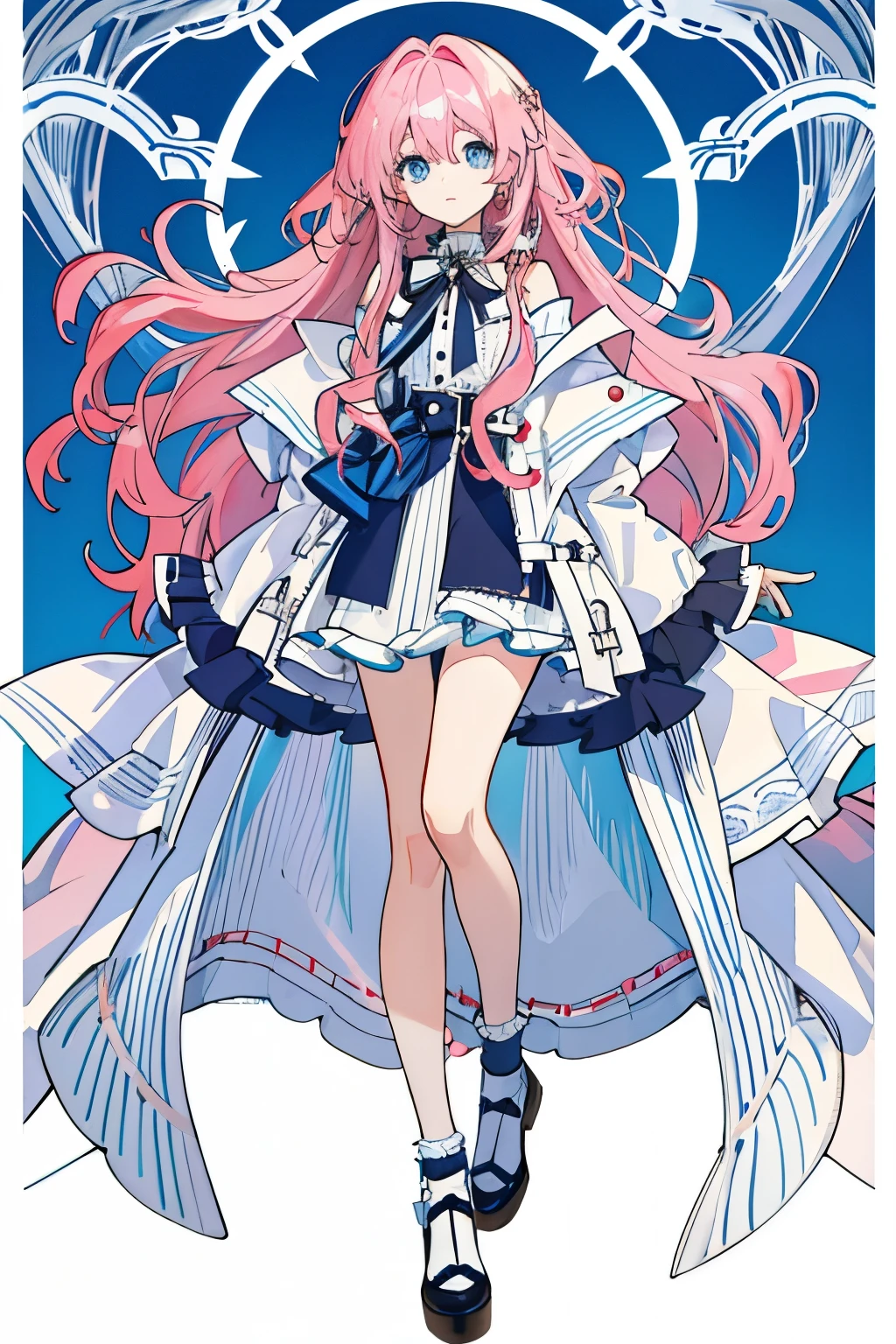 Long light pink slightly curly hair,light blue eyes,Celebrity navy blue white and red bordered full body portrait