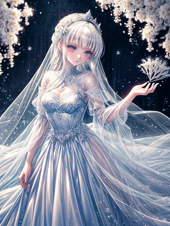 masutepiece, ighly detailed, Ultra-detailed, Solo, (1girl in), (pale skin), Silvery eyes, Frosty white hair, (snowy background), snowflake rosen flower:1.5), (crystal crown), (shining crystal), (((Transparent dress))), (Snowy ground), (Icy breath), (Frozen lashes), A woman in a transparent wedding dress stands in a room with flowers, luxurious wedding, very magical and dreamy, dreamy and detailed, ethereal fairy tale, The setting of a fairy tale:, luxurious transparent dress, dreamy atmosphere and drama, Gorgeous setting, long luxurious intricate transparent gown, 妖しい雰囲気 masutepiece, The most beautiful scenes, white transparent legal gown, An majestic、(((white blossoms)))