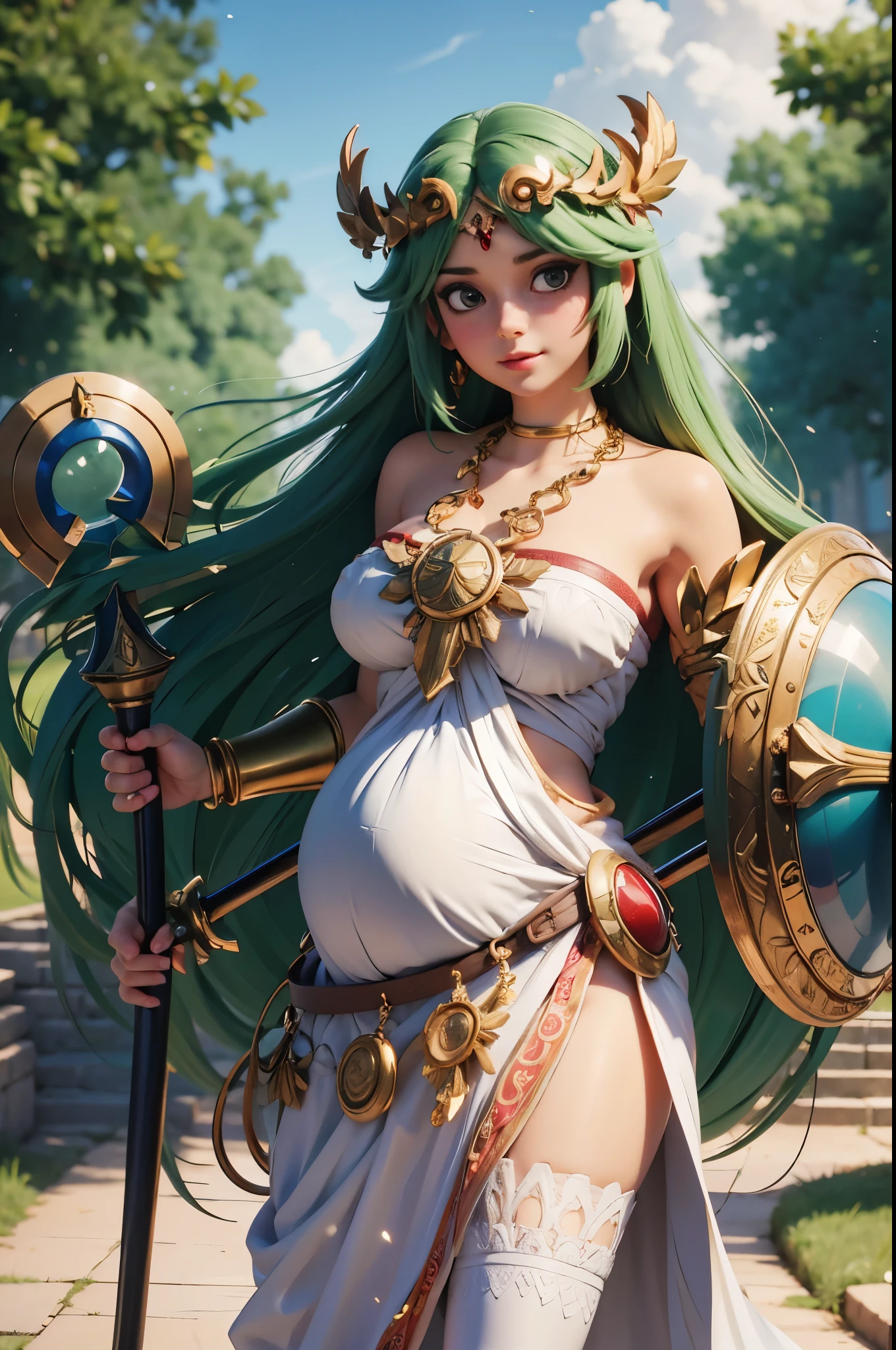 masterpiece, best quality, highres, hmpa1, palutena, parted bangs, tiara, large breasts, necklace, bare shoulders, strapless dress, vambraces, belt, white dress, white thighhighs, single thighhigh, outdoors, holding staff, staff, shield, pregnant