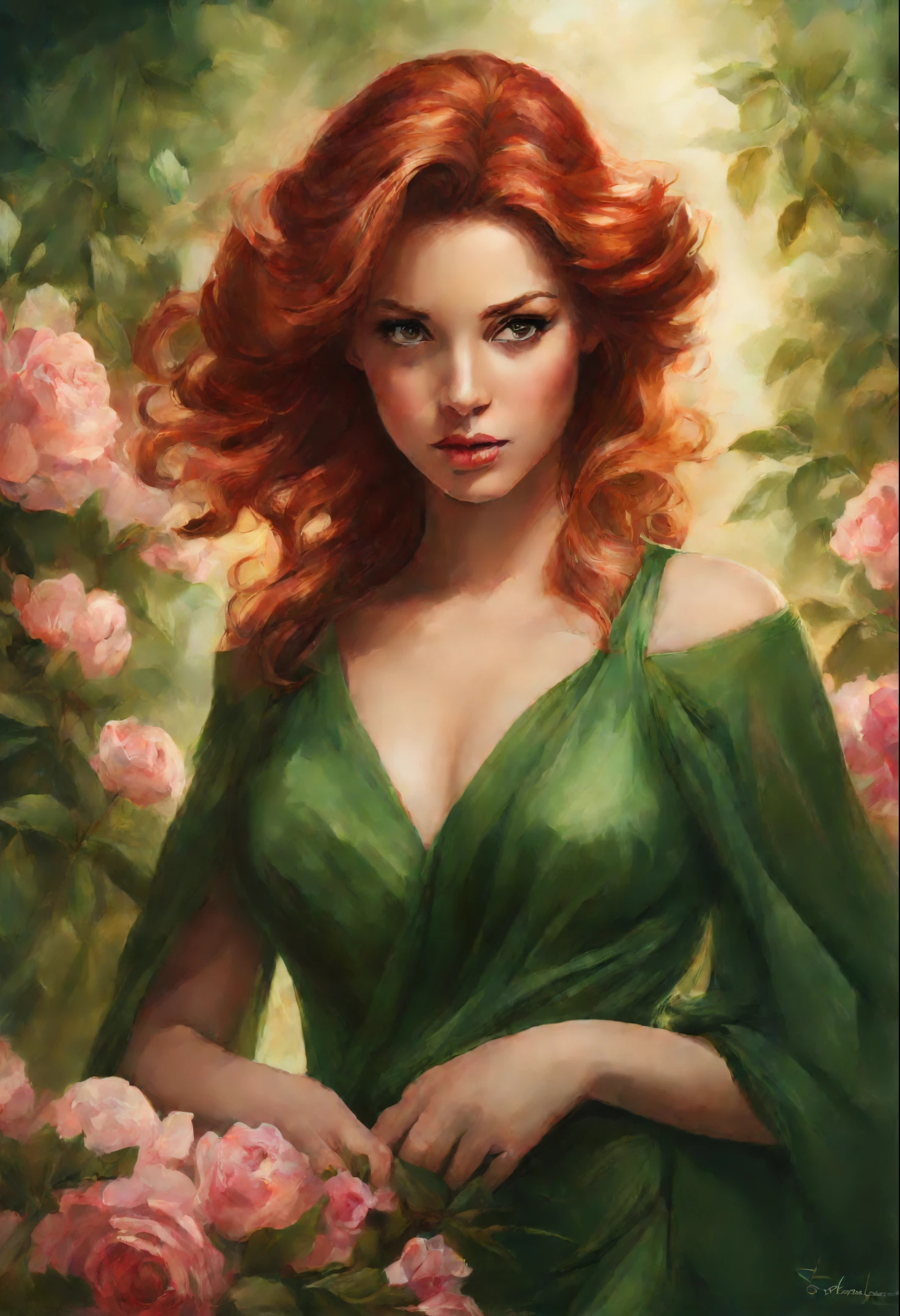 Painting of a woman in a green dress with a bouquet in her hands., stanley artgerm lau, steven artgerm lau, magali villeneuve', graphic artist magali villeneuve, artgerm lau, inspired by Magali Villeneuve, charlie bowater rich deep colors, Stanley Artgerm, red haired goddess, Стиль Stanley Artgermа
