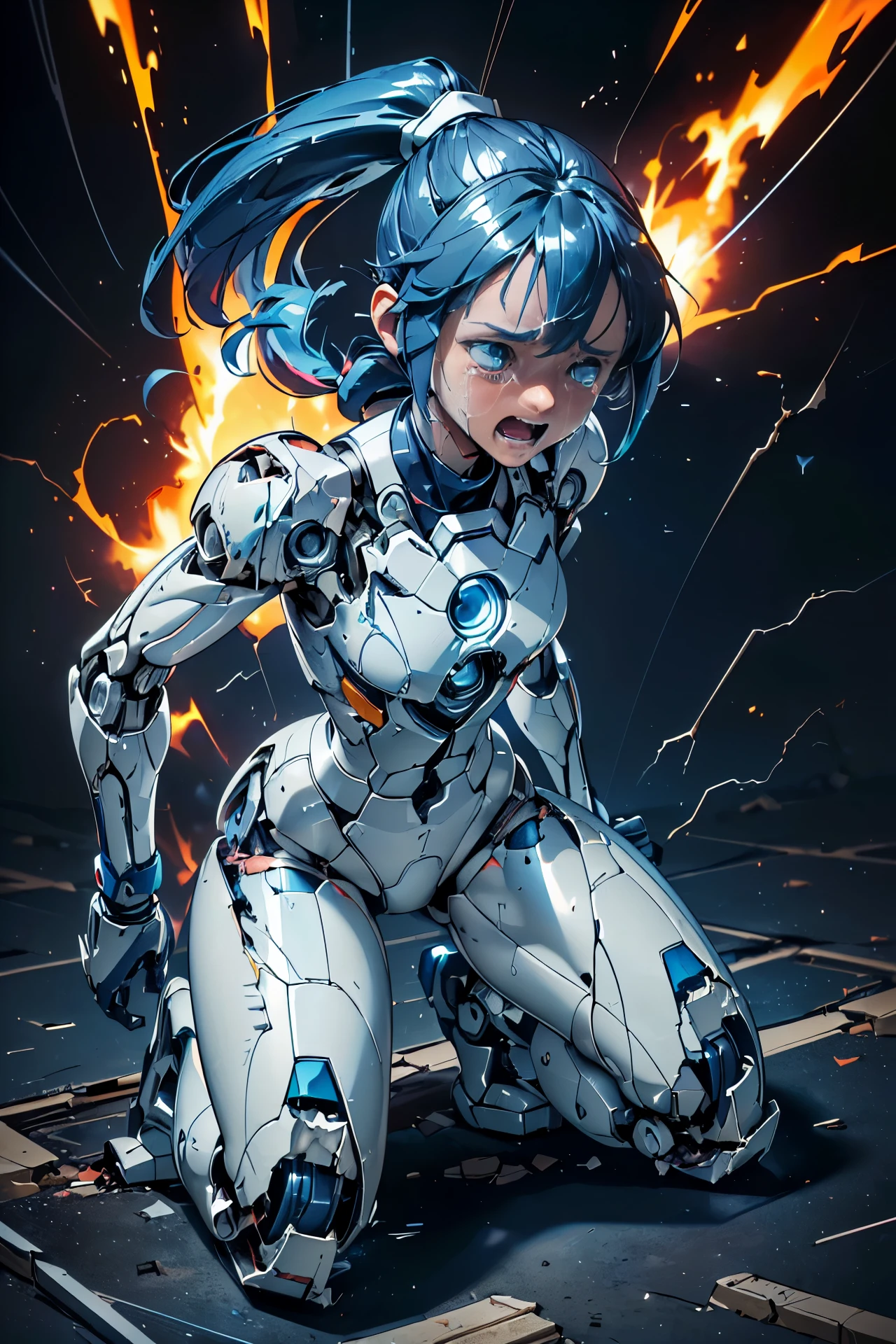 (((masterpiece))), Girl Robot, (li:1.4), (Gamine:1.5), (Streamlined body based on white), White and navy blue pilot suit, White and navy blue tight-fitting clothing, White and navy blue thigh cover pants, White and navy blue shoulder cover clothes, White and navy blue shiny clothes, Navy blue tight-fitting pants that hide the legs, (A body destroyed to pieces:1.4), (The body has many tears and scratches:1.4), (Machines and cables visible through the cracks:1.4), (The body overheats and is on the verge of exploding.:1.4), (Body on the verge of overheating and exploding:1.4), (Body on the verge of overheating and exploding:1.4), (Body on the verge of overheating and exploding:1.2), (A body destroyed to pieces:1.5), (Breathes out a large amount of flame from the cracks in the body.:1.4), (Clenching teeth:1.4), (Close both eyes:1.4), (Crying hard:1.4), (Dark blue hair ponytail:1.4), (Get down on both knees:1.4), (Mechanical joints:1.4), (Machine body:1.4), mecha musume, mechanical parts, robot joints, headgear