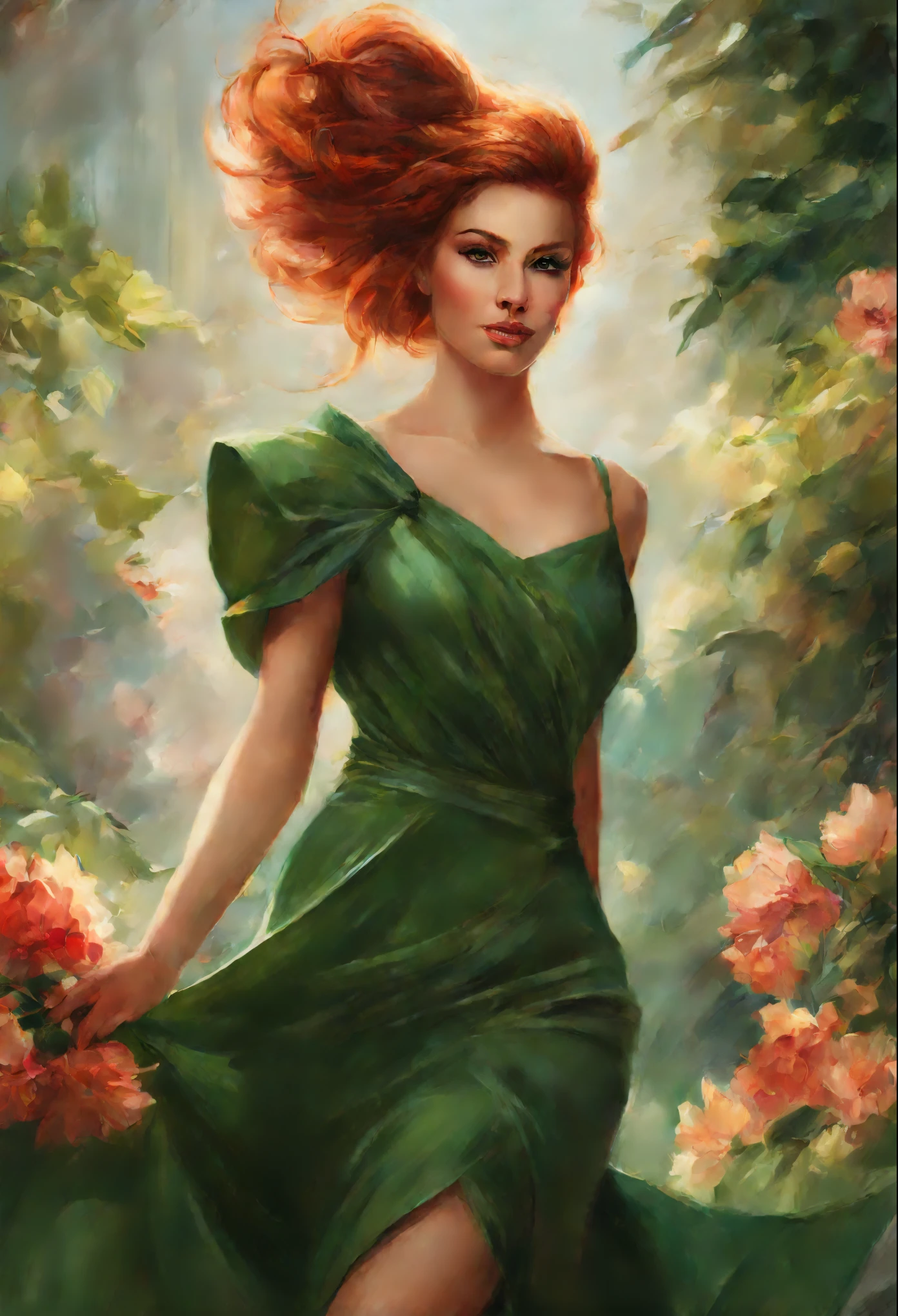 Painting of a woman in a green dress with a bouquet in her hands., stanley artgerm lau, steven artgerm lau, magali villeneuve', graphic artist magali villeneuve, artgerm lau, inspired by Magali Villeneuve, charlie bowater rich deep colors, Stanley Artgerm, red haired goddess, Стиль Stanley Artgermа
