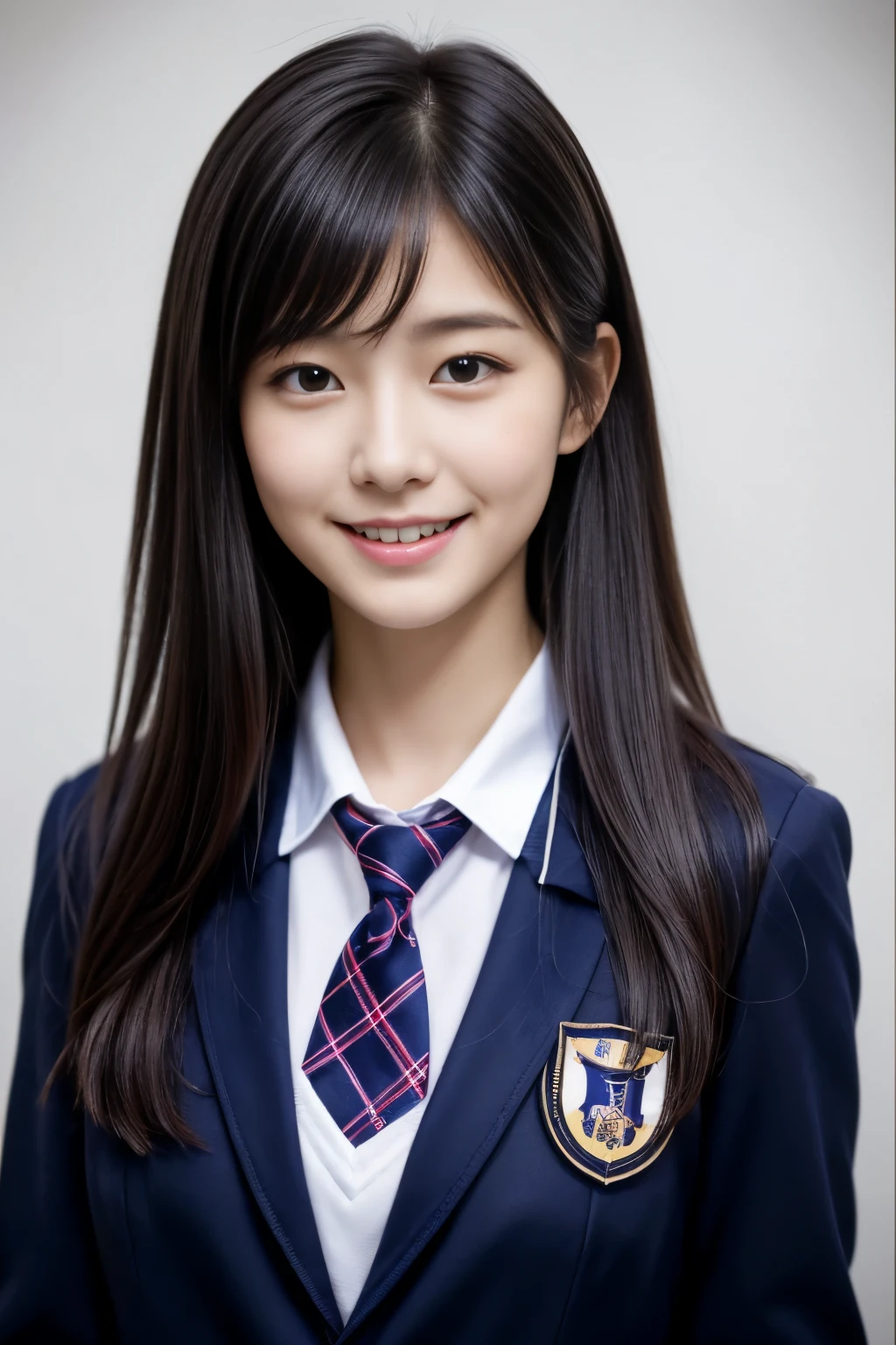 Close up of woman posing for photo,  japanese model model, 16-year-old female model,  4K、bangss、A dark-haired、bobhair、Middle hair、Straight hair、(Student uniform with dark blue blazer and red tie, Navy Plaid Pleated Skirt:1.2),　(Super cute face in idol style:1.2)、school classrooms、slim and beautiful figure、beutiful breast、A smile、full body Esbian、school classrooms美しい脚、sexy  pose、white sock、White sneakers、