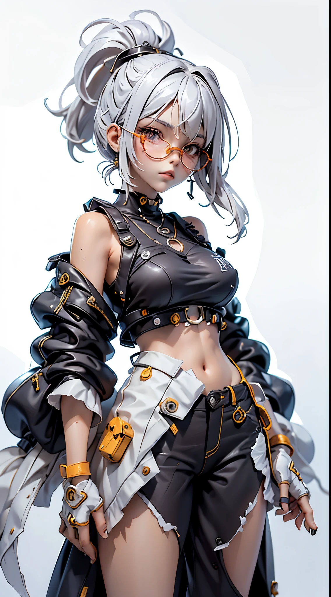 (best qualityer))), (((manga strokes))), (((Headphones))), (((yellow and dark gray devices))), (((bird’s eye view))),  ears and Googles on the forehead, (((tiny  shorts))), uma Kizi jovem muito bem vestida com roupas modernas de inverno, short top, short jacket with dark fur collar, beautiful and expressive face, slightly-smile, big eyes with long black eyelashes, heavy make-up, chains and zippers spread across clothes, contrasting colours, pose de atitude, hair with a modern and futuristic cut, urban game poster art, dramatic camera angles, graffiti art elements, (((bird’s eye view))), (((best qualityer: 1.4))), (Unbeatable masterpiece), (hiper HD),(CG 8k hyper-realistic), Kizi, (((standing alone))), pirralha violent, (((14歳))), sexly, pose de atitude, work of art, post-apocalypse, (((manga style))), bounty hunter, violent, Manic, the way you want, slenderbody, thin but strong, perfectbody, roupa moderna, advanced technology, neon, sleeves with vertical striped pattern