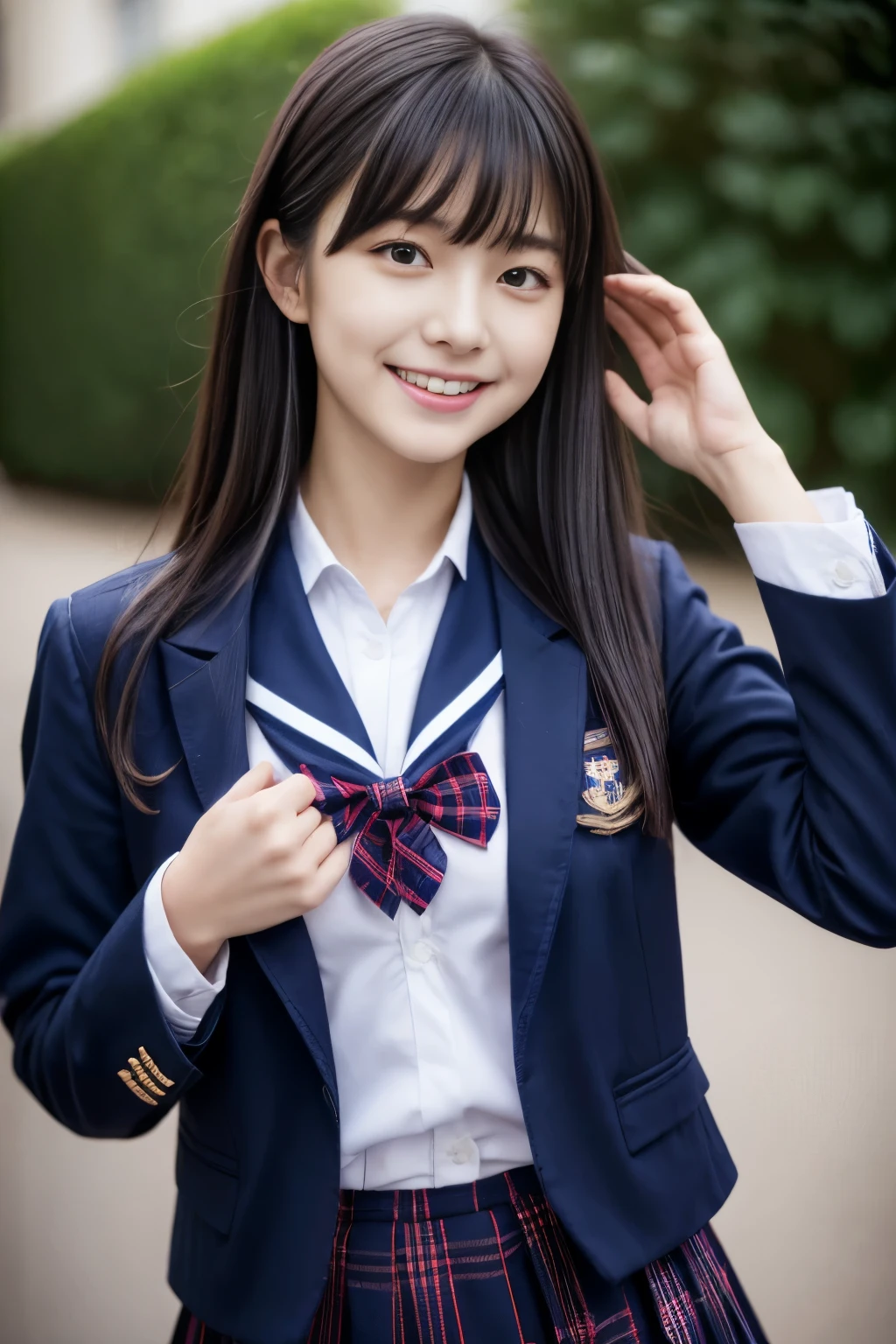 Close up of woman posing for photo,  japanese model model, 16-year-old female model,  4K、bangss、A dark-haired、bobhair、Middle hair、Straight hair、(Student uniform with dark blue blazer and red tie, Navy Plaid Pleated Skirt:1.2),　(Super cute face in idol style:1.2)、school classrooms、slim and beautiful figure、beutiful breast、A smile、full body Esbian、school classrooms美しい脚、sexy  pose、white sock、White sneakers、