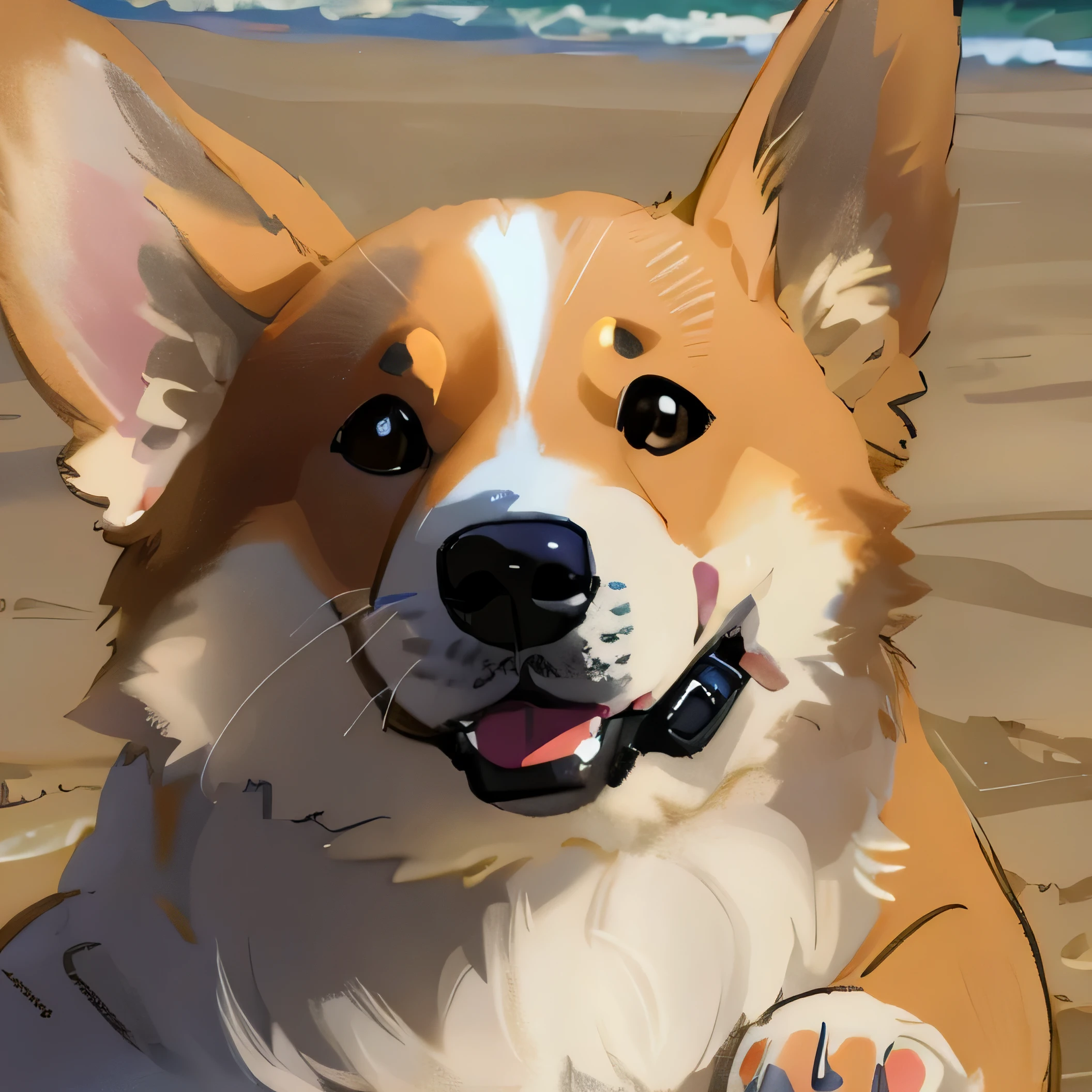 Federer dog lying on the beach,Frisbee in mouth, cute corgi, corgi with [ angelic wingreed corgi and doodle mix, corgi cosmonaut, happy dog, corgi, Nice face, winking at the camera, Smiling happily into the camera, Cute dog, Smile coylyly, gorgeous features, A smug smile, Smile coyly,Stylized,,Flat coating,Just two parts of light and shadows, light and shadows