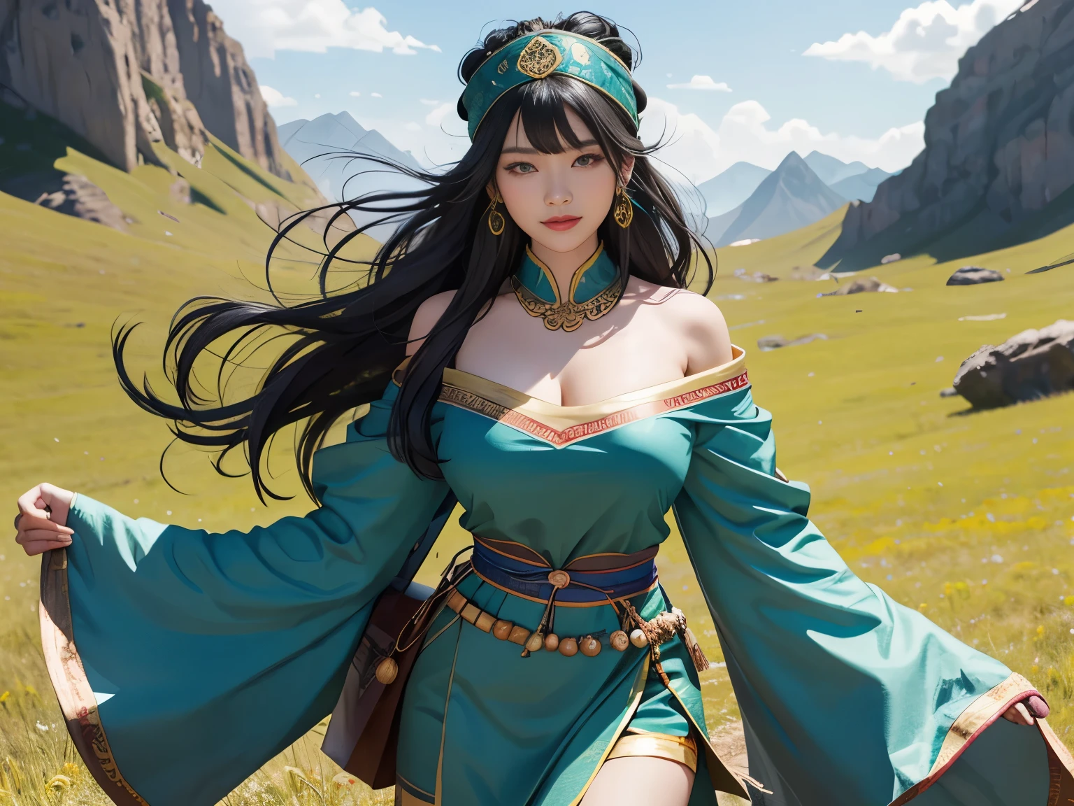 vast green grassland,torn outfit,Mongolian costume, black hair color hair,(Accurately executed CG 8k wallpaper),(Extremely delicate and beautiful face),(tmasterpiece),(Best quality at best),(超高分辨率),Fair, smooth and flawless skin,ultra - detailed ,Happy,ssmile,Wrapped in Mongolian turban,wearing ancient rags,Mongolian costume齐肩低胸,Lower body yes,humongous large breast,