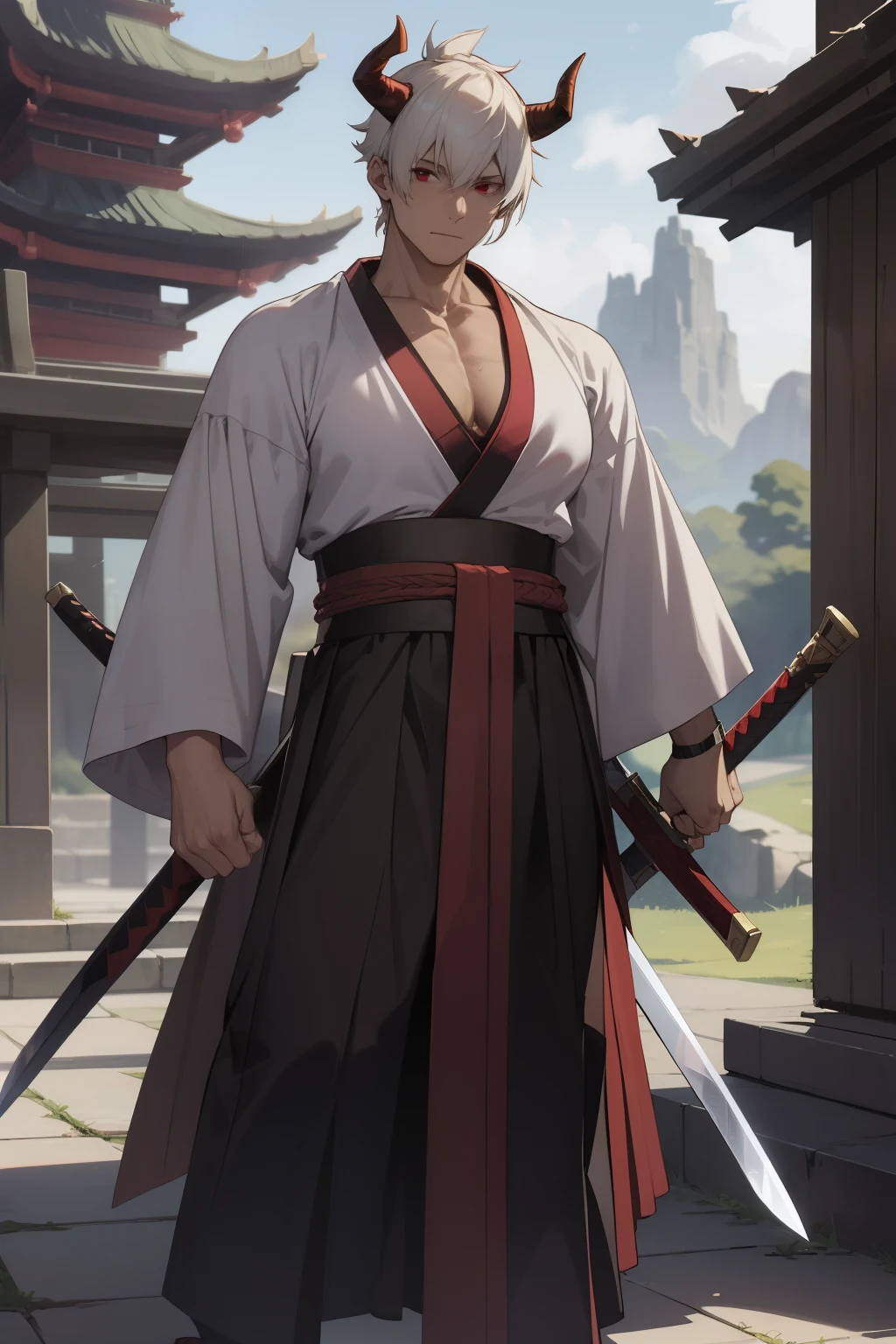 Demon Man,Solo Man,Short hair tied at the back,Red and white hair,Demon Horns,Knitted hat on the head,pointy ear,Red Eyes,Kimono with a stern face,wear a large rosary around your neck,Long sleeves,sturdy gauntlet、Black Hakama,dark red kimono,Brigade Costume,white tabi、Wearing geta,
plein air,huge sword,holding swords, Exquisite visuals, hight resolution,masutepiece,Best Quality,Exquisite visuals,hight resolution,masutepiece,Best Quality,28 year old,Middle-aged man,lumpy fingers,Muscular legs,Large body,cool character design,dynamicposes