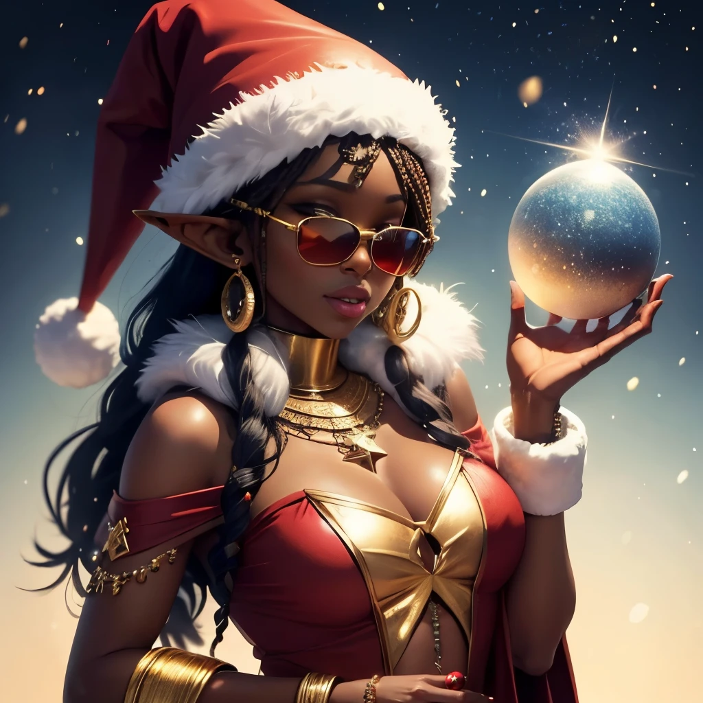Ebony african Santa's elf, Christmas tree, sexy santa outfit, winking, gold jewelry, bags of gifts and toys, Snowflakes, magic, Christmas (magic),magic sparkles, snow, Santa's sleigh, five fingers on each hand, north star, ((only five digits on each hand)), gold sunglasses