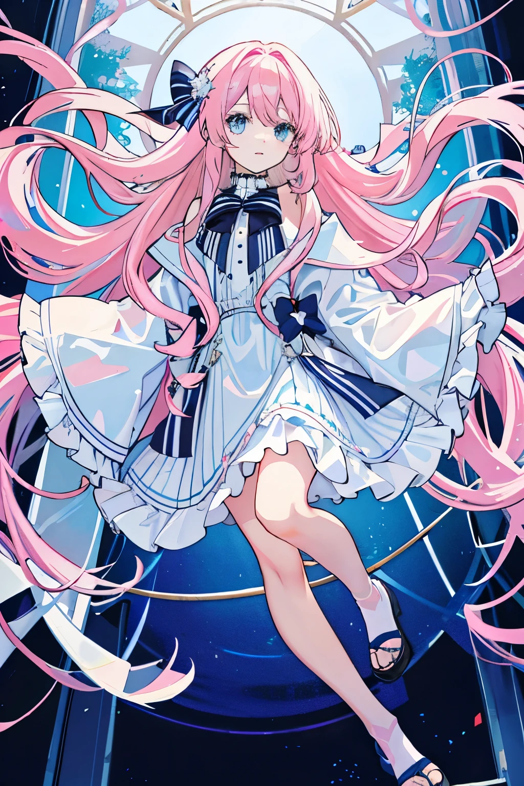 Long light pink slightly curly hair，light blue  eyes，Celebrity navy blue white and red bordered full body portrait