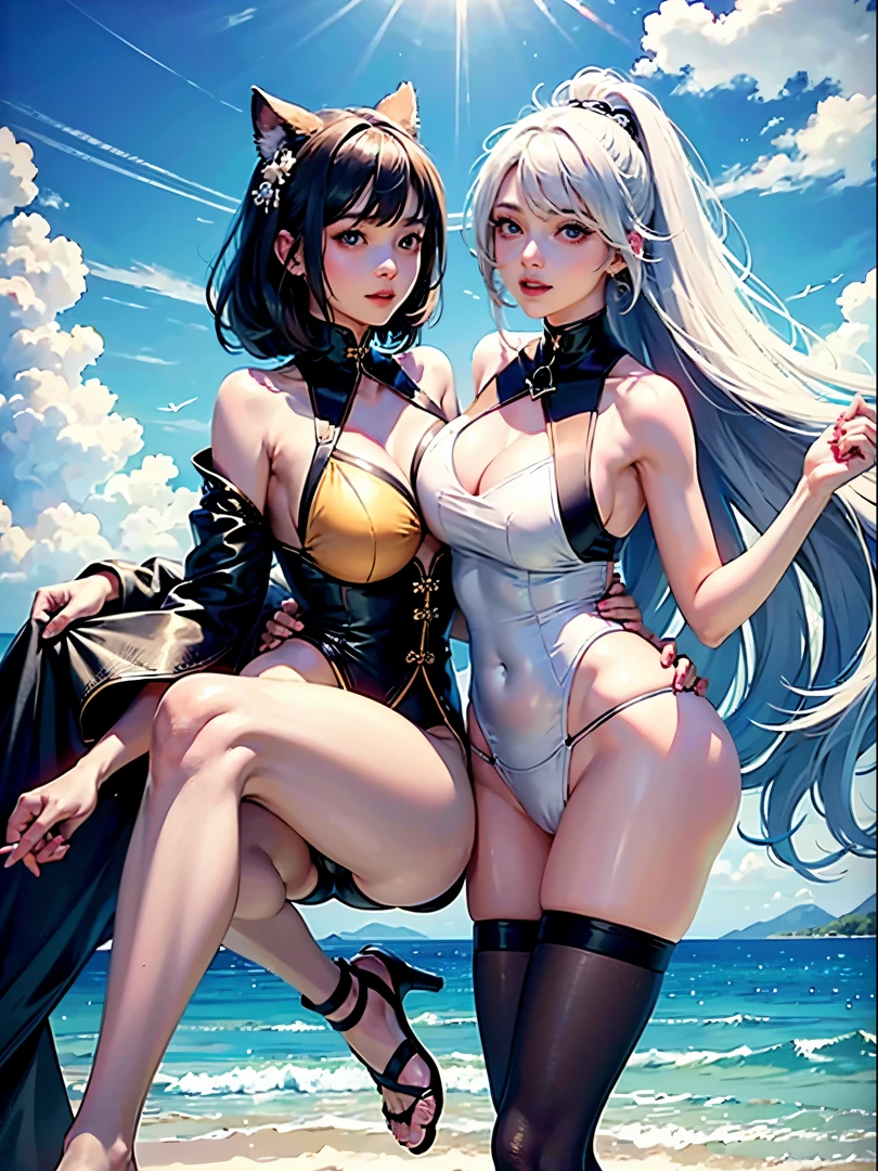 Best quality at best，nabel，比基尼，hand on her own chest，The halo，full bodyesbian，wide blue eyes，Raised sexy，8K，，Beth，By the beach，lacepantyhose,with her mouth open,Open your legs,cute big breasts鼻子,cute big breasts，The mouth is relatively large,The legs are relatively long,Big chest,The eyes are relatively large,long whitr hair，The eyeballs are relatively large,Eyes sparkle,Naked foot,The nose is relatively large,white color hair,No shoes，prette,bikini,at a forest,Long legs,cute big breasts脸，vagina，Being fixed in a running posture by a ，A little boyng，把时间停止定住了cute big breasts少女，Collar，Sister and sister holding hands