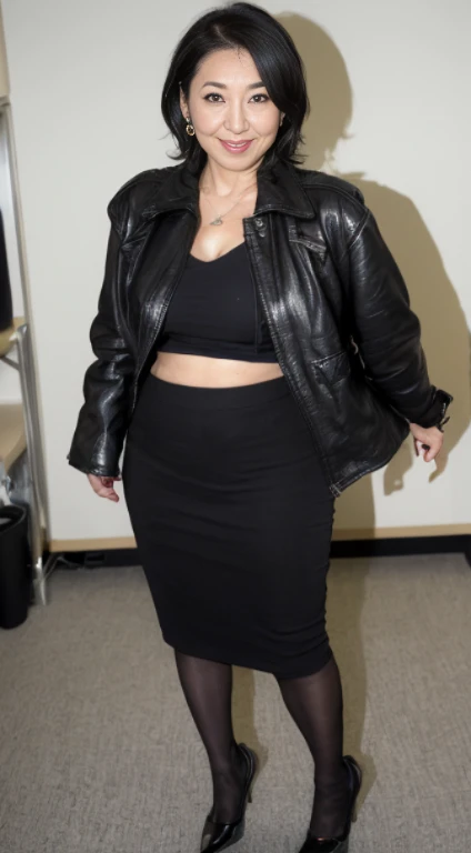 (Best Quality, hight resolution, Hires, Skin definition, Detailed skin, Detailed eyes, Detailed face, 4K, 日本人A MILF, (独奏で), (((50 years old))), (Wrinkles at the corners of the eyes:1.5), (nasolabial folds), (((Very large breasts))), A MILF, glamor, A sexy, Chromo-white skin, Wavy Longhair, Looking at Viewer,(((my skin is old))), ((muscles are old)), Super large udder, ((Japanese Models)), 4K, 8K, (photoRealistic:1.5), Realistic, nffsw, Beautiful, Bimbo, Perfect makeup, small diamond necklace, piercings, ((Dark black color, Leather jacket,tight skirts,undershirt, Black pantyhose, ミニチュアtight skirts, high-heels, )), thick thighs, (((Saggy buttocks))), wide hips, Curve, busty, an hourglass figure, 独奏, ssmile, Public places, sitted, opening legs,