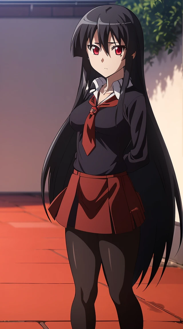 Akame (akame ga kill) anime art style, master piece, best quality,1girl,very long black hair, perfect face, expressive eyes, red eyes ,medium breasts ((school uniform Japanese ,White shirt ,blue serafuku, pantyhose,black skirt )),red tie , looking at me ,full body, background school