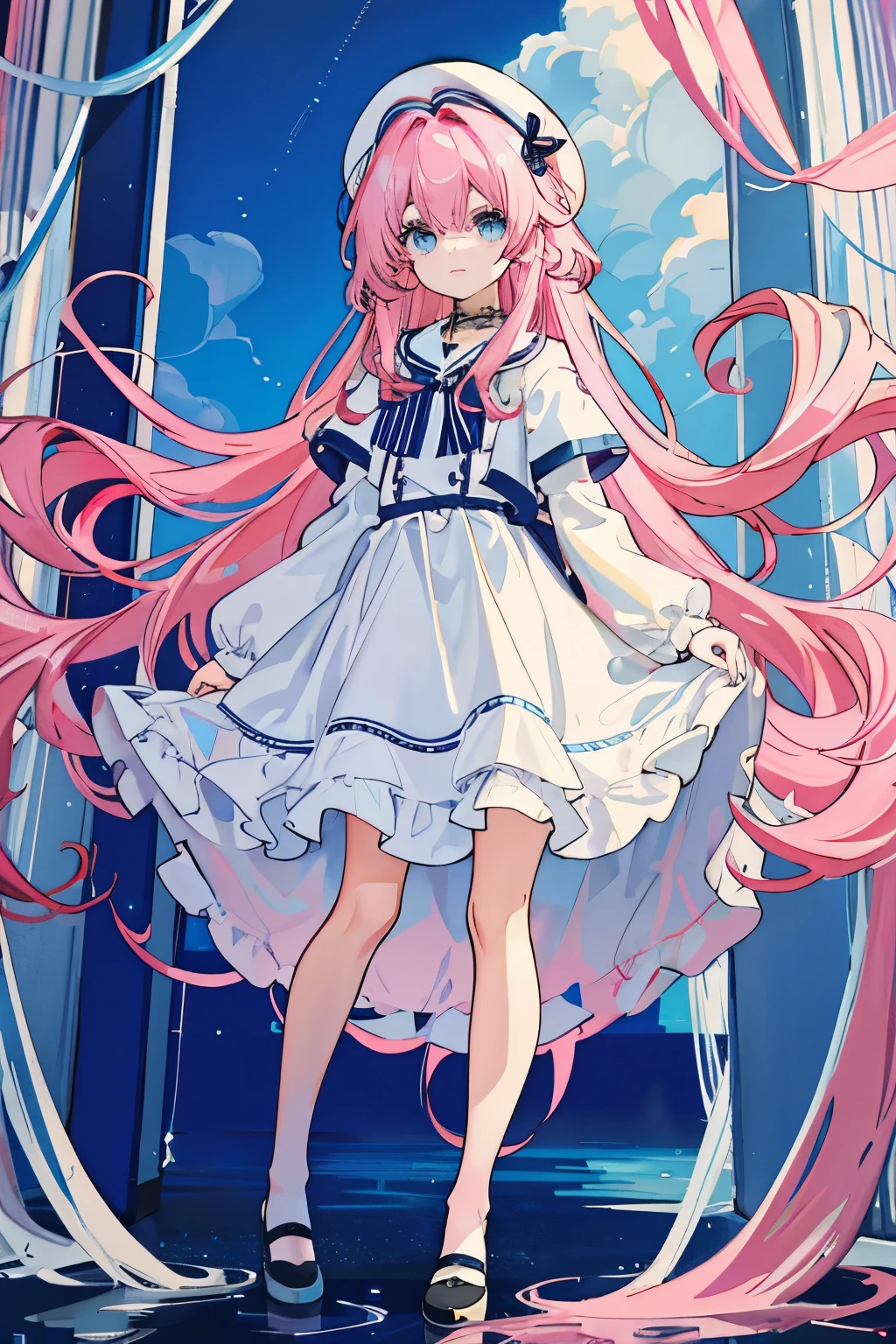 Long light pink slightly curly hair，light blue  eyes，Celebrity navy blue white and red bordered full body portrait