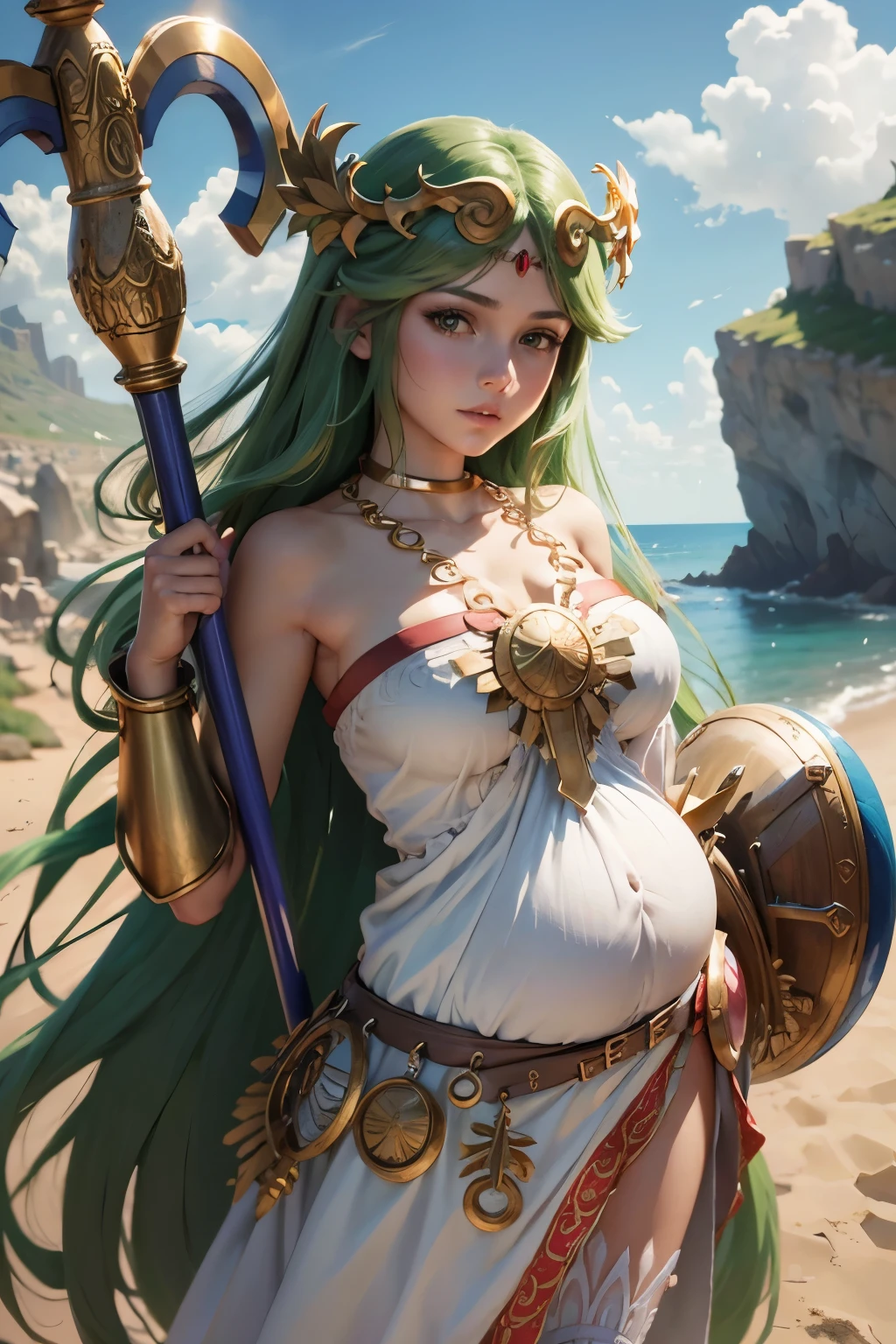 masterpiece, best quality, highres, hmpa1, palutena, parted bangs, tiara, large breasts, necklace, bare shoulders, strapless dress, vambraces, belt, white dress, white thighhighs, single thighhigh, outdoors, holding staff, staff, shield, pregnant, ((bare breast))