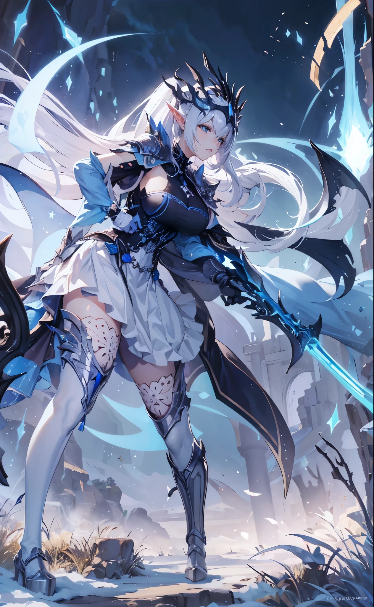 (((masterpiece, best quality, high detailed, 8k))) Design a layout showcase Gaming character, (1girl). Blue+White clothes, stylish and unique. ((showcase weapon:1.4)), ice spear. (masterpiece:1.2), (best quality), 4k, ultra-detailed. (Step by step design, layout art:1.5), (luminous lighting, atmospheric lighting). ice queen, ((glove full hands)), (((revealing clothes:1.3))), vambraces, armored legwear, (((full_body_shot:1.4))). {On a frozen lake}.