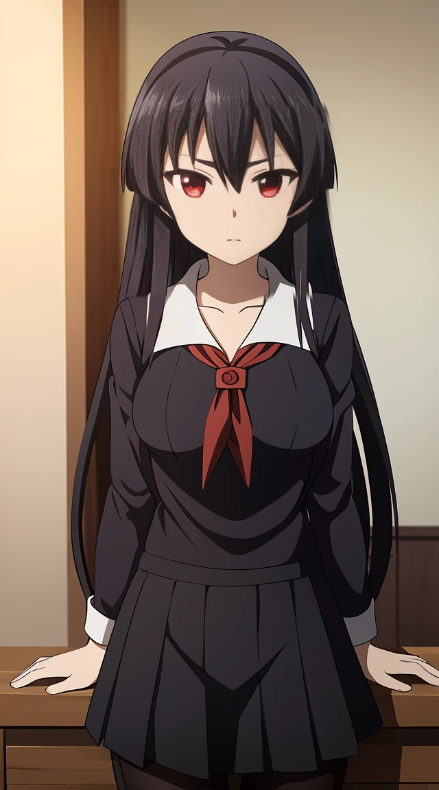 Picchieris, 1 girl, redhead, long hair, bangs, hair between eyes, Ahoge, very long hair, red eyes, chest, small chest, hair band, black hair band, thick eyebrows, bare shoulders, long sleeve, skirt, shirt, white shirt, black skirt, blush, indoors, masterpiece, highest quality, be familiar with   