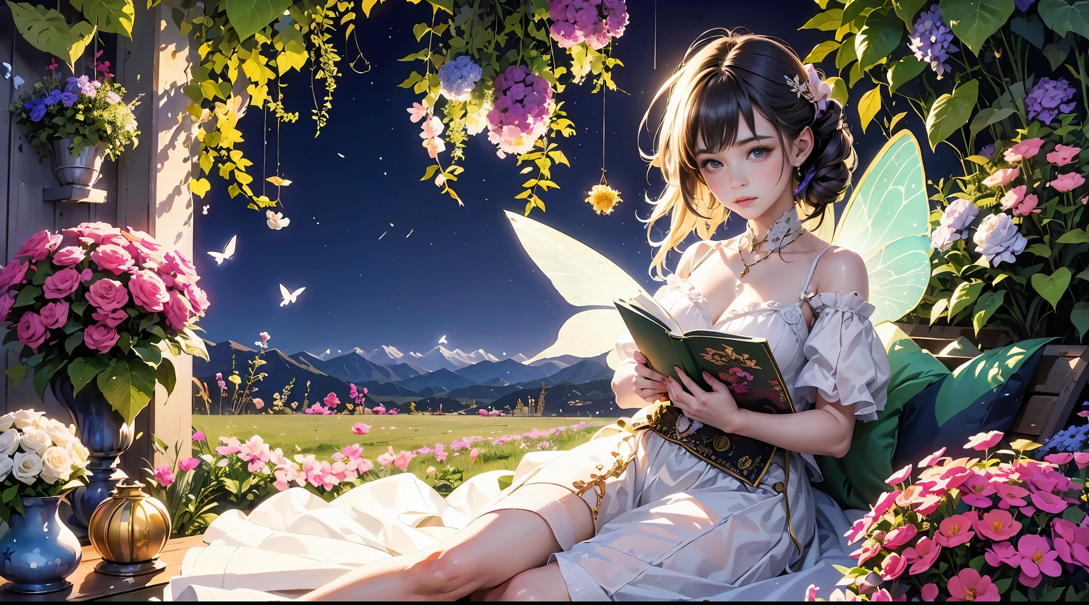 A beautiful girl wearing a fairy costume, Surrounded by flowers and butterflies. Content: Watercolor painting. styled: Whimsical and sophisticated, like children&#39;s book illustrations.