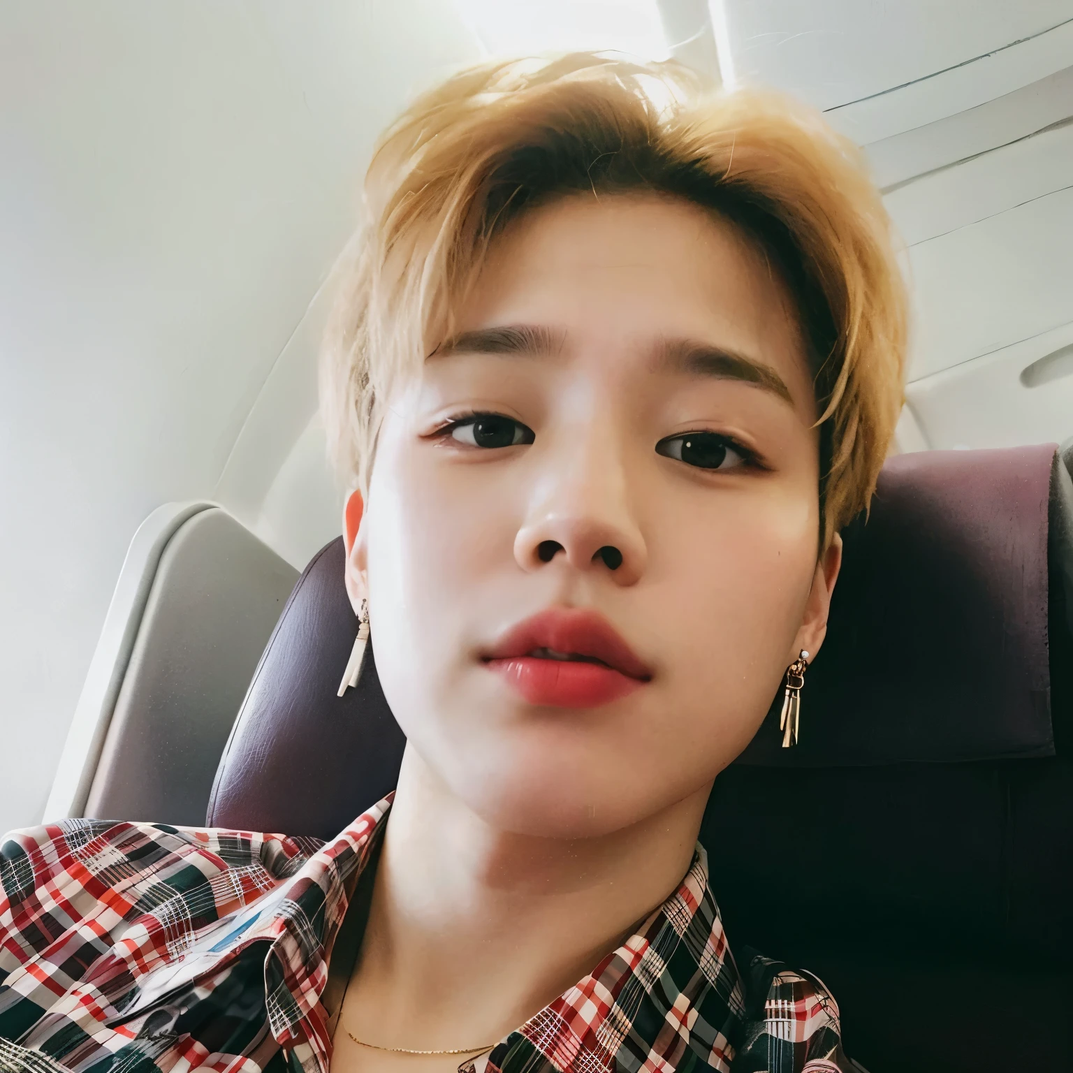 a close-up of a person sitting on an airplane wearing a plaid shirt, park Jimin, Jimin\'s right eyelid swollen, Jimin\Plump lips, Jimin\Nariz grego, Jimin, accurate Jimin face, Hyung Tae, Jung Jaehyun, Cai Xukun, Hong June Hyung, TaeJune Kim, Todos do Grupo BTS