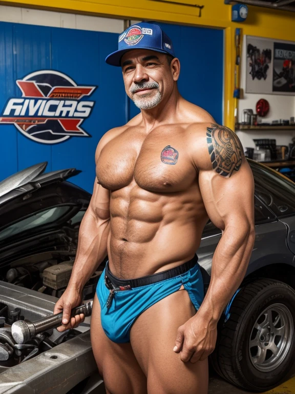 a 50-year-old Mexican man working as a mechanic in an auto shop. This man is muscular and strong, with large biceps that reflect the years of physical work and dedication to the trade. His skin has a warm tone and is adorned with tattoos that tell stories of his life and passions. He sports a cowboy-style hat and a T-shirt with the shop's logo, which is tight to highlight his well-defined muscles. His arms are imposing and powerful, showing his skill and ability in his work as a mechanic. In one hand, he holds a wrench, while with the other, he shows a friendly and genuine smile. His gaze is full of wisdom and experience, a result of years of work in the automotive industry. The auto shop is He finds himself in an environment full of tools and vehicles, with engines and wheels in the background, which highlights his passion for his craft, behind(( On a wall there is a poster of a blonde woman, with big breasts, sexy in a bikini))