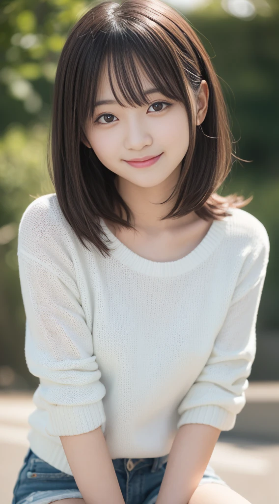 masutepiece, Best Quality, in 8K, 24 year old, , Raw photo, absurderes, award winning portrait, A neat woman smiles shyly, Solo, during daytime, Idol face, violaceaess, Delicate girl, full bodyesbian, Digital SLR, Looking at Viewer, Candid, Sophisticated, zora々Right, Thin arms, Professional Lighting, Film grain, chromatic abberation, (Eyes and faces with detailed:1.0), (Bokeh:1.1), (hyper pretty face:1.2)、(美丽的面容:1.2), White sweater、white short pants, A dark-haired、Middle straight hair、bangss、(japanes)、Short Bob Hair、