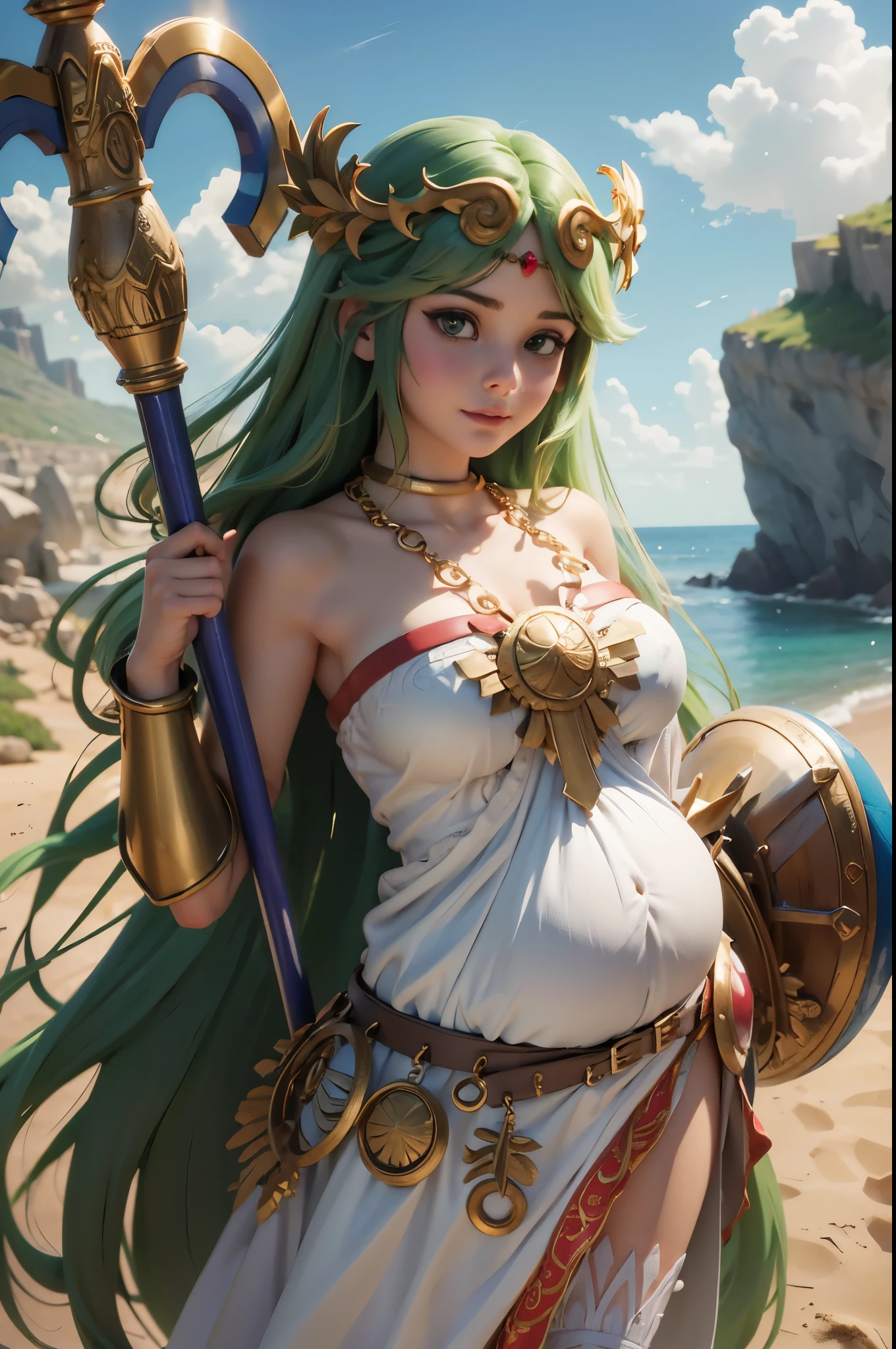 masterpiece, best quality, highres, hmpa1, palutena, parted bangs, tiara, large breasts, necklace, bare shoulders, strapless dress, vambraces, belt, white dress, white thighhighs, single thighhigh, outdoors, holding staff, staff, shield, pregnant, ((bare breast))