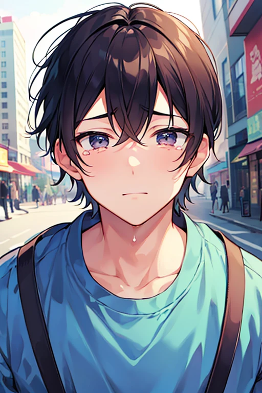 male people、30-years old、a cool、In the street、Face Up、neat face、Crying face