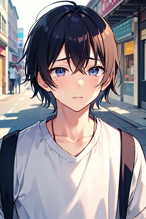 male people、30-years old、a cool、In the street、Face Up、neat face、Crying face