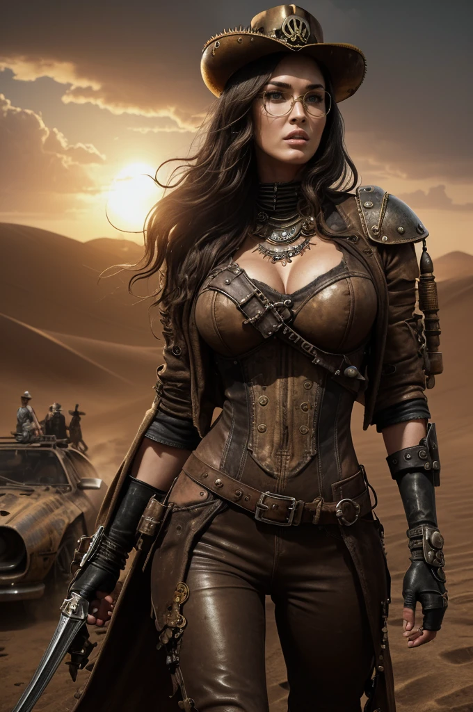 Megan Fox, ((chubby)), (chubby face) natural collor hair, brown light skin , ripped old wildwest bang bang full clothes, cowgirl leather hat, background old west bang bang, night, very steam, white leather clotes, ((very ripped whole jumpsuit)), earings, acessories, epic composition, perfect hands, perfect composition, perfect fingers, vintage collor lights, handsome face, ((angry face)), in desert, (((((very long black messy wave hair))))), long leather boots, dunes, ((((dust sand)))), very detailed image, overcoat leather clothe, ancient sand temples, big booty, (small boobs), vintage lights, cinematic composition, epic cinematic pose, white clothes, apocaliptic clothes, (((Mad Max clothes))), (((skull and bones clothes))), (ancient dagger), (steam punk glasses), (mad max acessories)