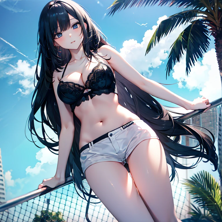 Black hair, sexy, large breasts, sky blue lingerie, sky blue underwear