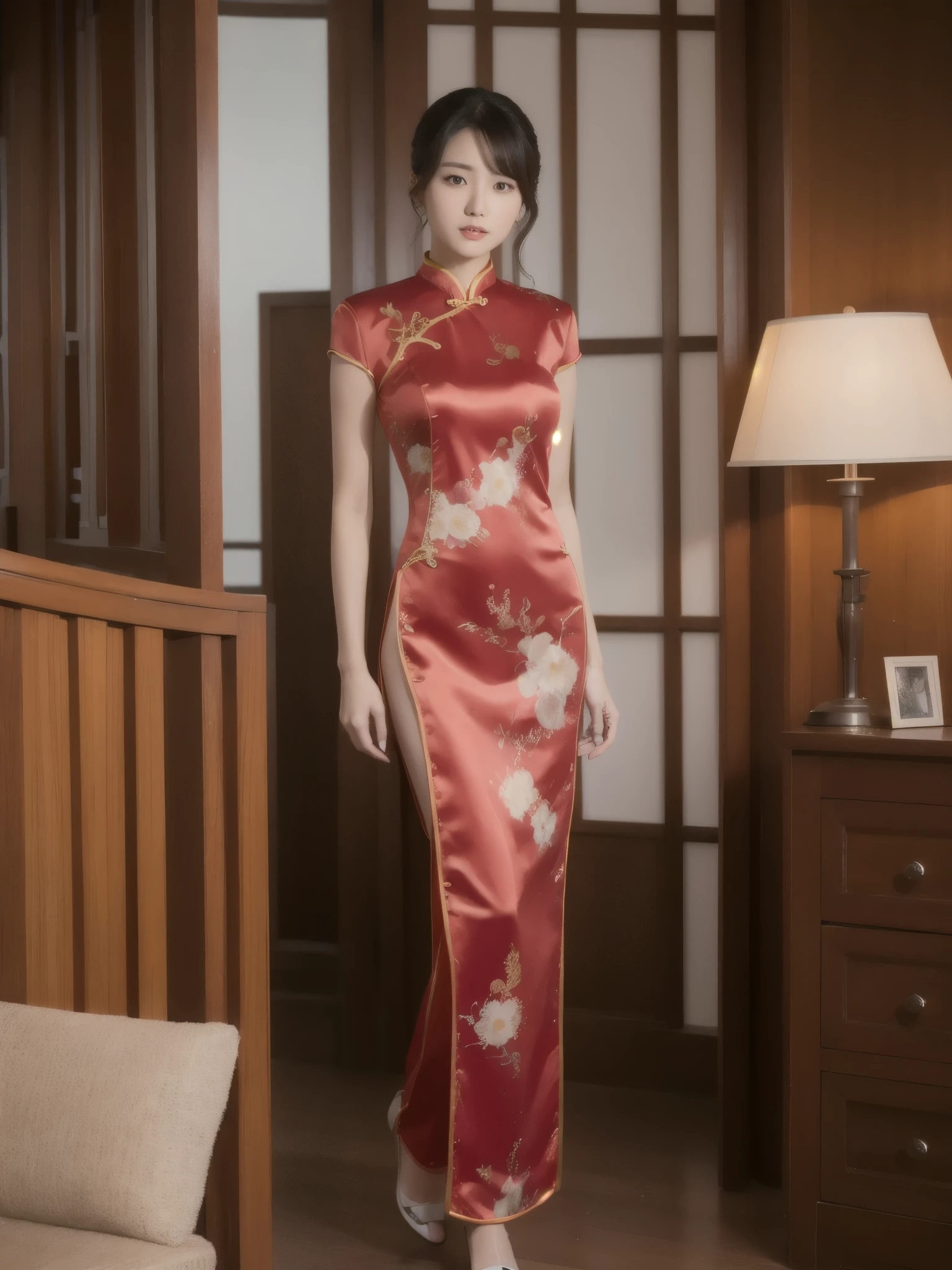 fully body photo,real looking skin,Elegant young Chinese woman wearing cheongsam standing facing the camera
