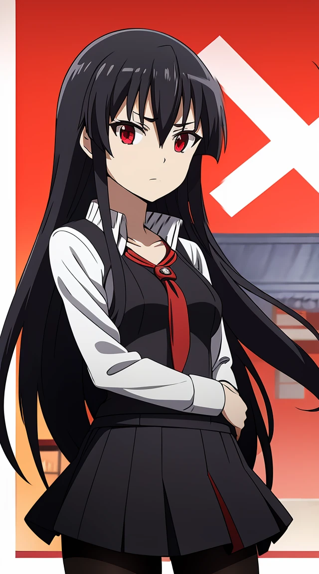 Akame (akame ga kill) anime art style, master piece, best quality,1girl,very long black hair, perfect face, expressive eyes, red eyes ,medium breasts ((school uniform Japanese ,White shirt ,blue serafuku, pantyhose,black skirt )),red tie , looking at me ,full body, background school