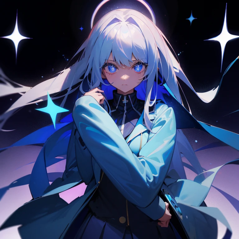 She has big, blue, sparkling eyes.、She has beautiful long white hair.、A mysterious high school girl wearing the school's designated light blue blazer over a hooded hoodie.
