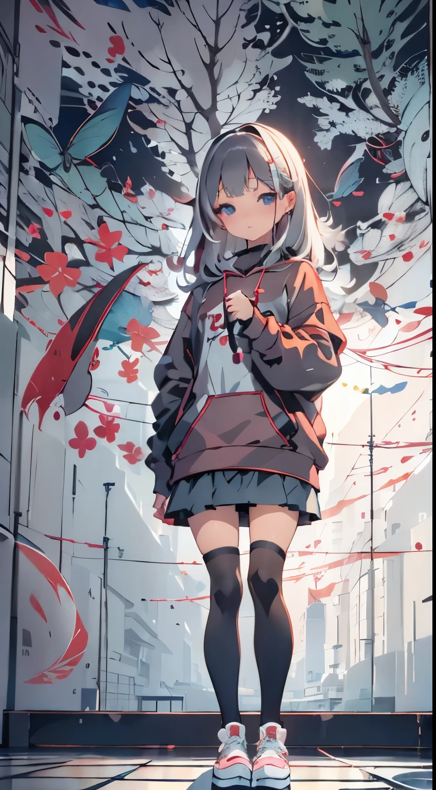 anatomy explosion、Perfect body、woman standing in front of a painted wall、Anime style、Natural color clothing:1.5、knit hoodie、skirt by the、knee sox、digital art in anime style、anime-inspired、Dark、Calm atmosphere、Silence、top-quality、masuter piece、ultra-detailliert、