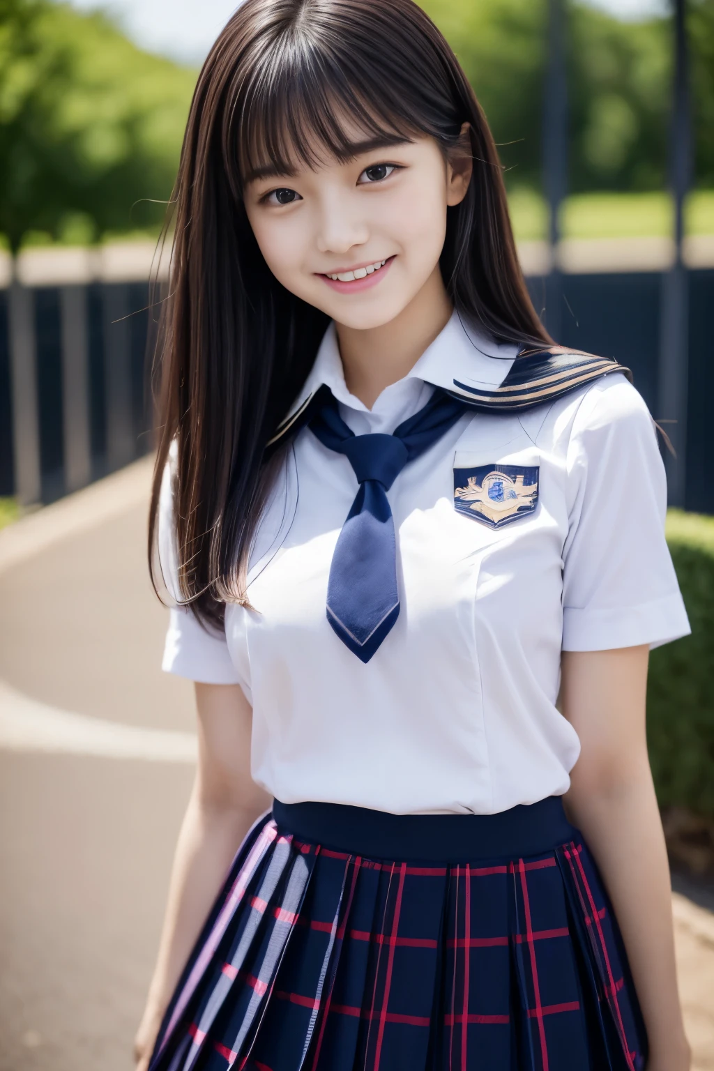 Close up of woman posing for photo, japanese model model, 16-year-old female model, 4K、bangss、A dark-haired、bobhair、Middle hair、Straight hair、(School uniform, woolen cascoeur dean, and red tie, Navy Plaid Pleated Skirt:1.2), (Super cute face in idol style:1.2)、school classrooms、slim and beautiful figure、beutiful breast、A smile、full bodyesbian、school classrooms、beautiful legs、sexy pose、white sock、White sneakers、