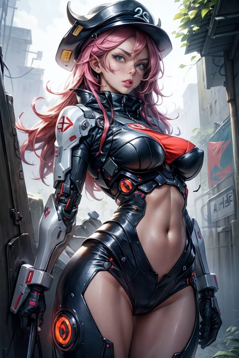 1 woman, mature, Beautiful face, largeeyes, (humongous large breast), (cybernetic body parts), Hats, Short underwear, cow boy shot, (Background with: Future cyberspace battlefield), (depth of fields), masterpiece, actual, impossible details, quality