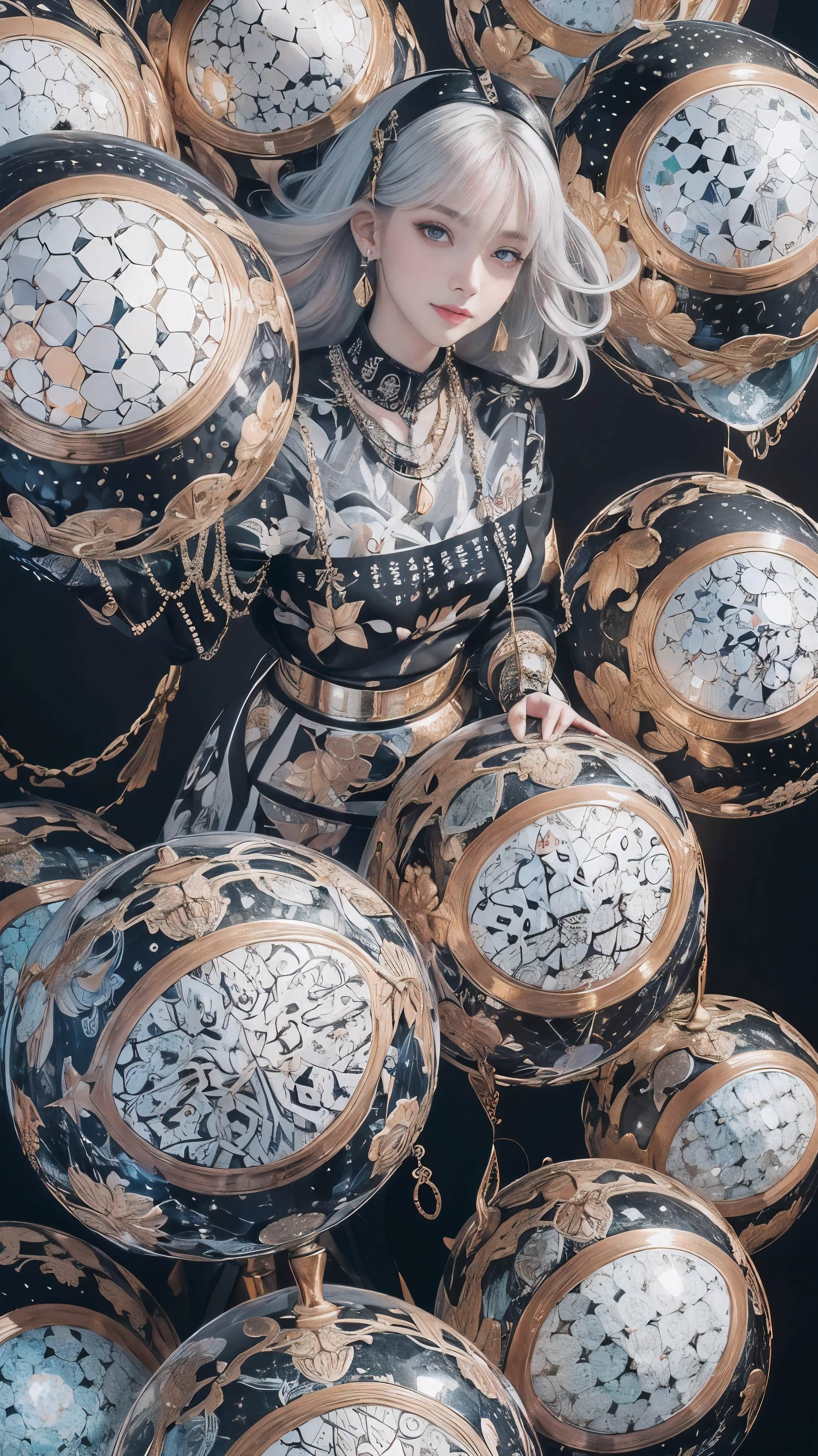 (Digital Art, Geometric art, Official art, Beautiful and aesthetic, ultra-detailliert, Beautiful, masutepiece, Best Quality:1.6), (1girl in:1.2), Detailed face, Detailed eyes, detailed hairs, Young fingers, Detailed fingers, Five Fingers, Sitting,
_
BREAK cute ig model, Cute models in Japan, 22 years old, My whole body is toned, small head, a small face, small mouth, Diamond Face, small nose, Sharp face lines, (drooing eyes, 二重まぶた, bright color eyes, Glossy eyes, shiny eyes:1.2), Shiny skin, Light color hair, Shiny hair, 
_
BREAK (Happy, Smile, 牙, Glossy lips), Beautiful 牙, (Standing:1.3), from the front side,
_
BREAK (Oversize, Printed sweatshirt and long black sweatshirt:1.2),(white geometric print:1.2),(Black long skirt:1.2), (brack&White enamel high-cut sneakers:1.2),(Silver necklace,Earring:1.2),
