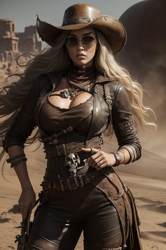 Megan Fox, ((chubby)), (chubby face) natural collor hair, brown light skin , ripped old wildwest bang bang full clothes, cowgirl leather hat, background old west bang bang, night, very steam, white leather clotes, ((very ripped whole jumpsuit)), earings, acessories, epic composition, perfect hands, perfect composition, perfect fingers, vintage collor lights, handsome face, ((angry face)), in desert, (((((very long messy wave hair))))), long leather boots, dunes, ((((dust sand)))), very detailed image, overcoat leather clothe, ancient sand temples, big booty, (small boobs), vintage lights, cinematic composition, epic cinematic pose, white clothes, apocaliptic clothes, (((Mad Max clothes))), (((skull and bones clothes))), (ancient dagger), (steam punk glasses), (mad max acessories)