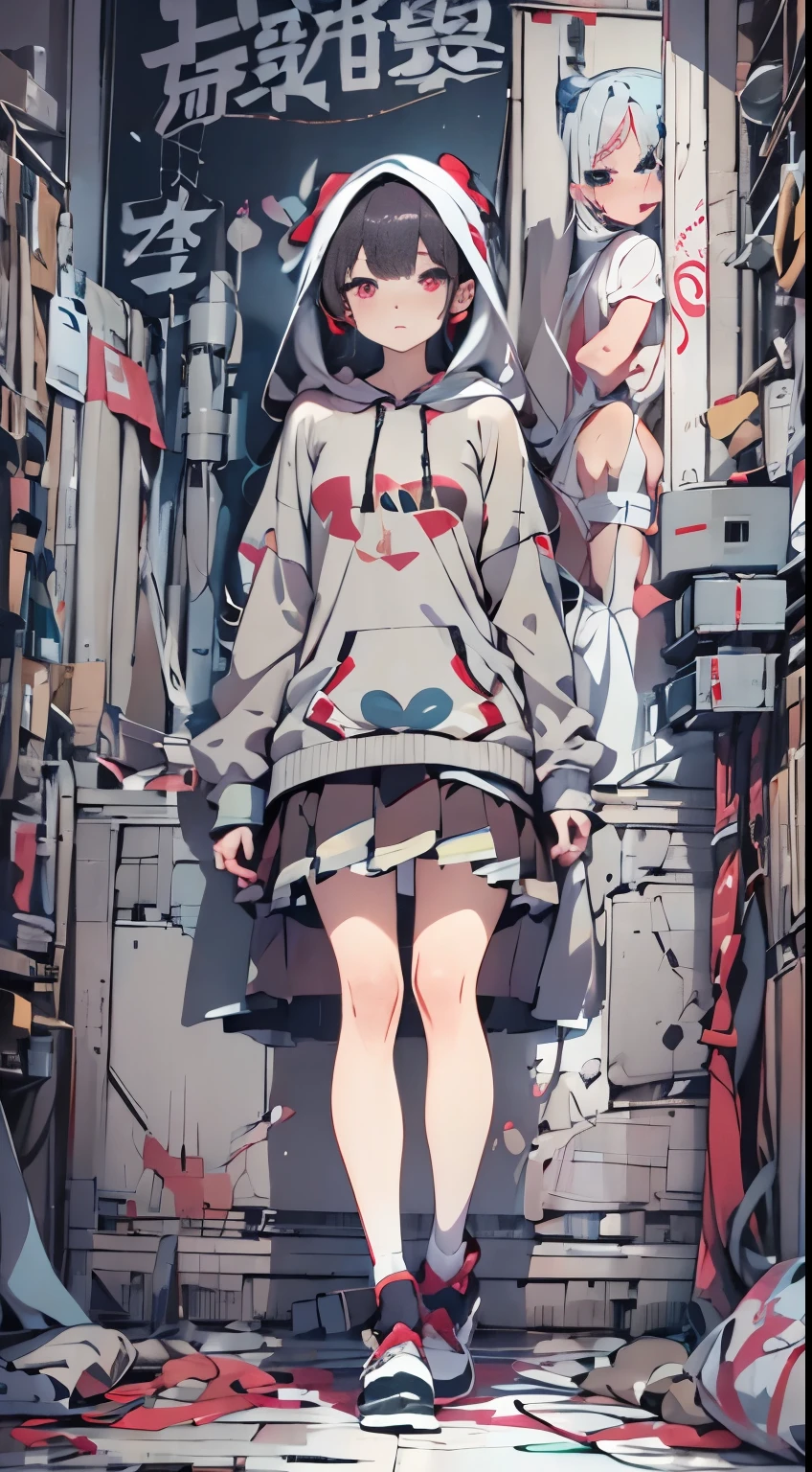 anatomy explosion、Perfect body、woman standing in front of a painted wall、Anime style、Natural color clothing:1.5、knit hoodie、skirt by the、knee sox、digital art in anime style、anime-inspired、Dark、Calm atmosphere、Silence、top-quality、masuter piece、ultra-detailliert、