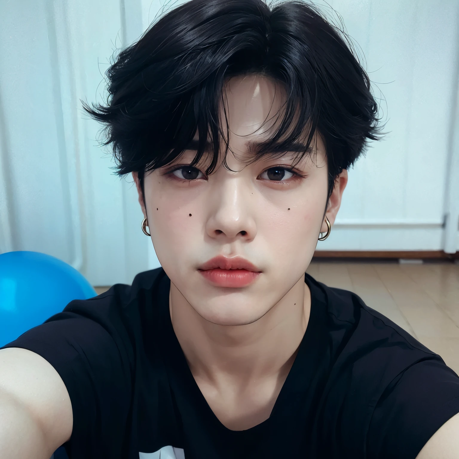 trimmed man with black shirt and piercings sitting on the floor, Jung Jaehyun, Ulzzang macho, Jimin\Plump lips, Jimin\Nariz grego, Kim Doyoung, Jimin\'s right eyelid swollen, foto de perfil headshot, accurate Jimin face, Jimin, park Jimin, Sul Coreano Masculino, Cai Xukun
