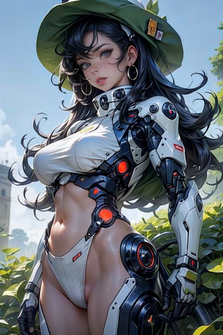 1 woman, mature, beautiful countenance, largeeyes, (humongous large breast), (cybernetic body parts), Hats, Short underwear, cow boy shot, (Background with: Future cyberspace battlefield), (depth of fields), masterpiece, actual, impossible details, quality