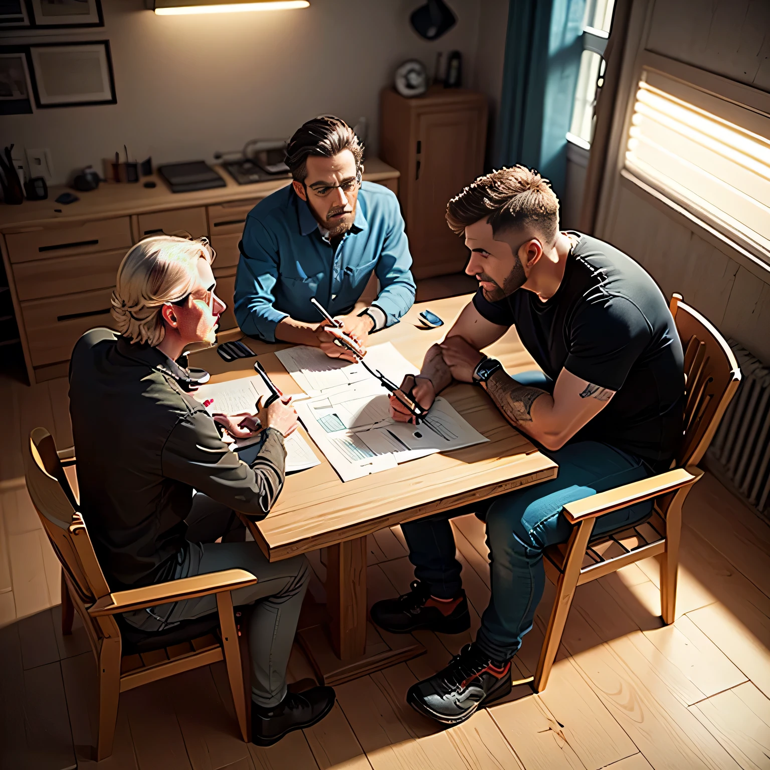 An engineer, a supervisor and a technician sitting around a table, act like discussing something. uhd, ultra detailed, 8k, illustrated animation style, looking at table