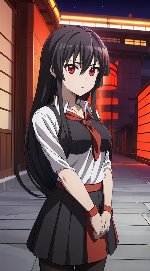 Akame (akame ga kill) anime art style, master piece, best quality,1girl,very long black hair, perfect face, expressive eyes, red eyes ,medium breasts ((school uniform Japanese ,White shirt ,blue serafuku, pantyhose,black skirt )),red tie , looking at me ,full body, background school