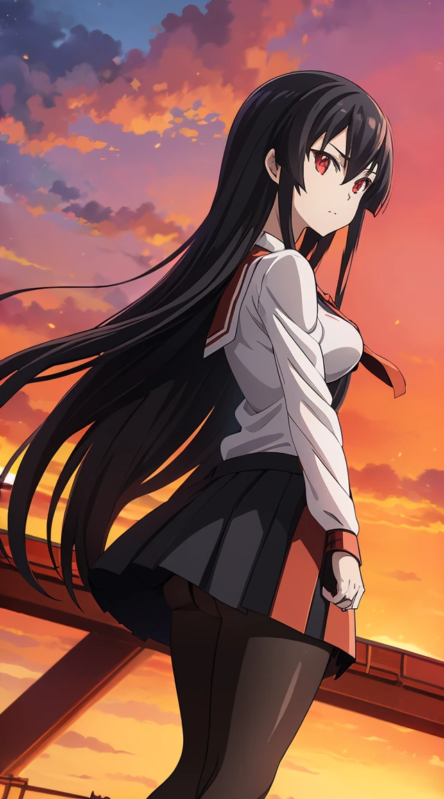 Akame (akame ga kill) anime art style, master piece, best quality,1girl,very long black hair, perfect face, expressive eyes, red eyes ,medium breasts ((school uniform Japanese ,White shirt ,blue serafuku, pantyhose,black skirt )),red tie , looking at me ,full body, background school