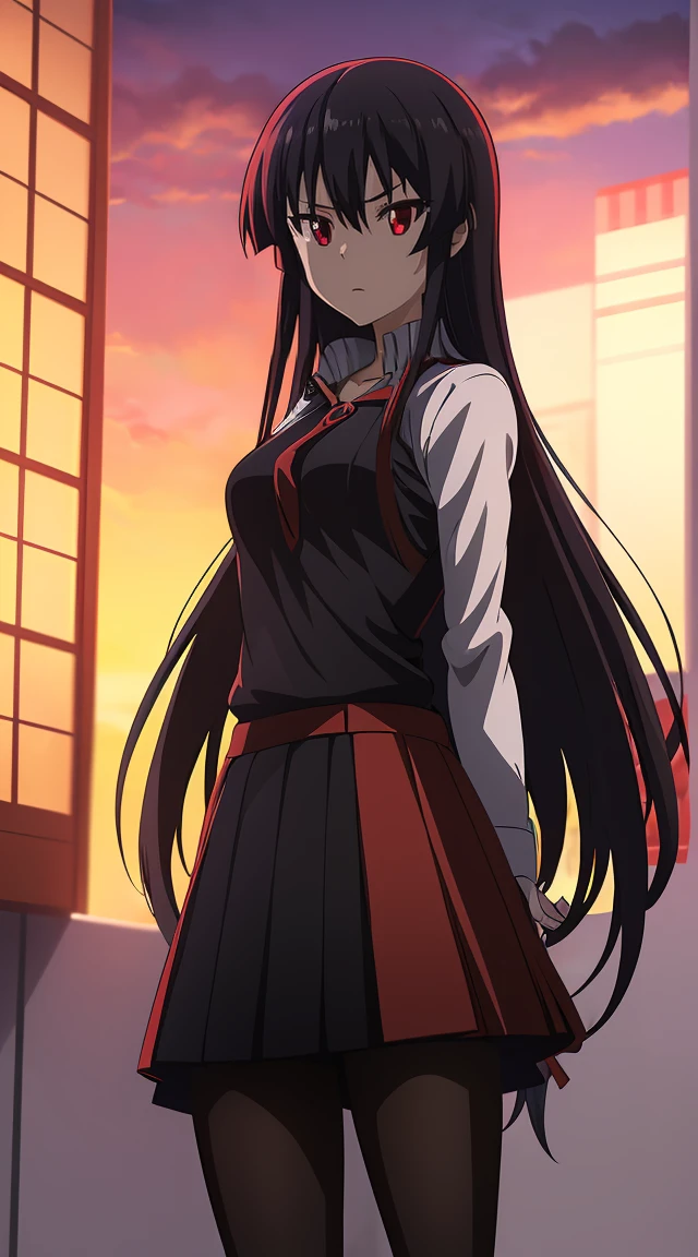 Akame (akame ga kill) anime art style, master piece, best quality,1girl,very long black hair, perfect face, expressive eyes, red eyes ,medium breasts ((school uniform Japanese ,White shirt ,blue serafuku, pantyhose,black skirt )),red tie , looking at me ,full body, background school