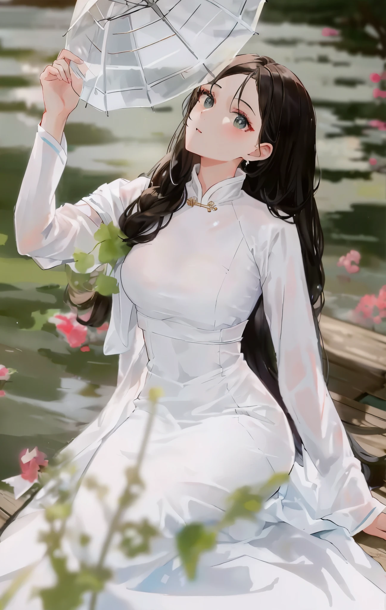 arafed woman in white dress sitting on a dock with a white umbrella, ao dai, a beautiful woman in white, white hanfu, smooth white tight clothes suit, in white clothes, beautiful long white dress, a stunning young ethereal figure, beautiful south korean woman, wearing beautiful clothes, dressed in a beautiful white, white hime cut hairstyle, wearing white dress
