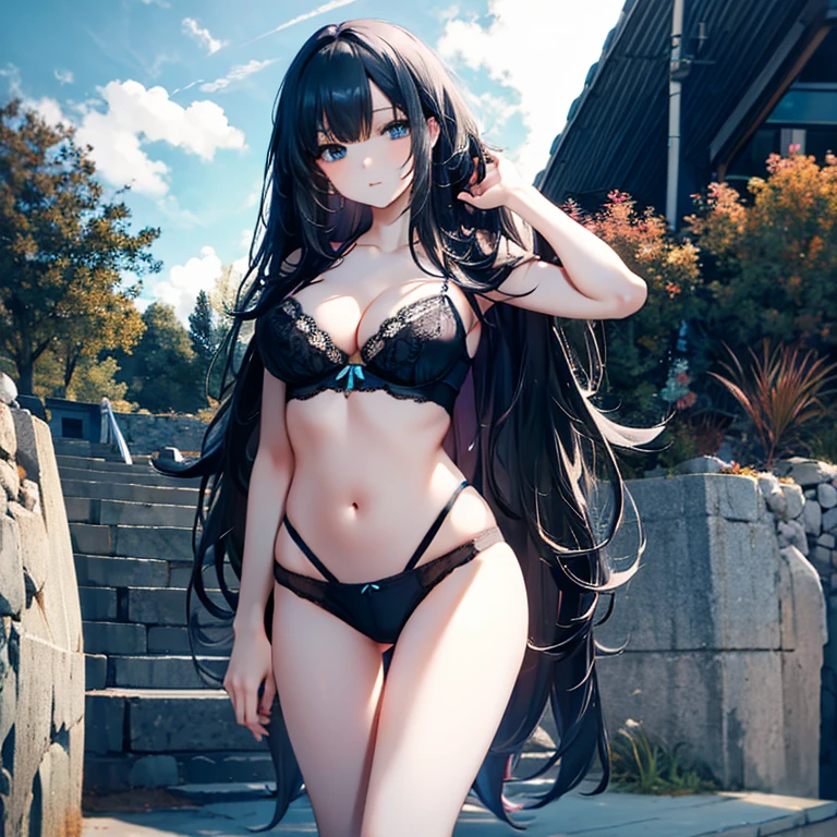 Black hair, sexy, large breasts, ((sky blue lingerie)), ((sky blue underwear))