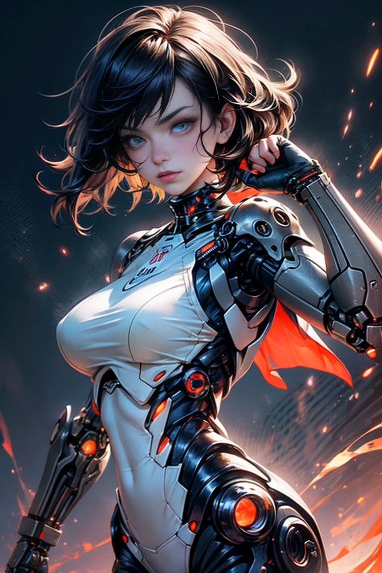 1 woman, mature, beautiful countenance, largeeyes, (humongous large breast), (cybernetic body parts),, Short underwear, cow boy shot, (Background with: Future cyberspace battlefield), (depth of fields), masterpiece, actual, impossible details, quality