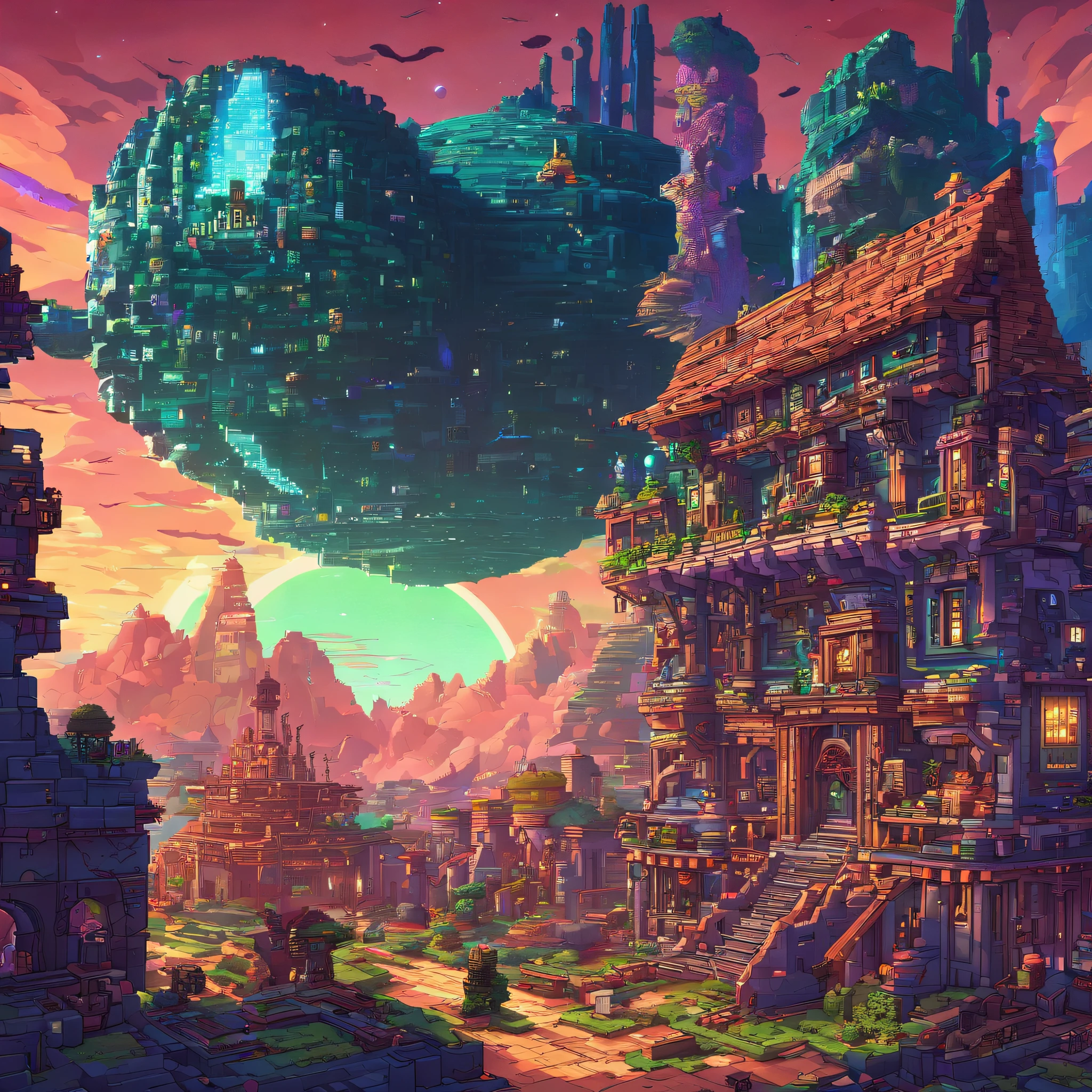 alien creatures, Alien buildings, Alien civilization, alien planet, traveler from earth, starrysky, Huge stars, The picture is shocking, high detal, Ghibli-style colors, style of anime, god light, The light from the rear window is backlit, hyper HD, retinas, Acura, super detailing, high high quality, Best quality at best, 8K, A high resolution
