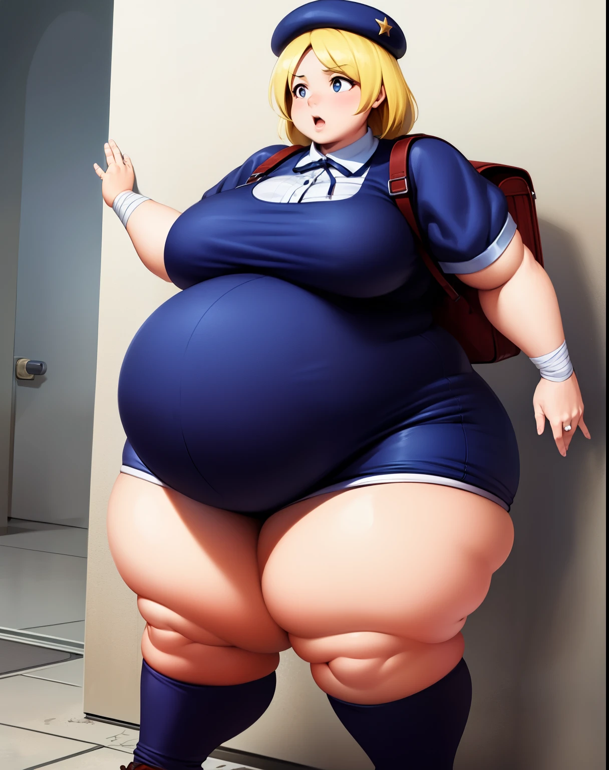 (masterpiece, best quality, high resolution, unity 8k wallpaper, extremely detailed CG:1), (illustration:1.0), 1girl,solo, hinakoms, hat, dress, beret, bandages, backpack , ribbon,extremely obese, (obese belly):1.7, (obese legs):1.5, fat rolls, SSBBW Adeline body,(thicc:0.5), (WeightImmobile:1.3), (obese:1.2) (round face:1.3), huge belly, wide hips, from below, discoelysium, legs spread, muffin top, pudgy, Big Baby Bump pregnant, Big boobs, Big pregnant Belly, Big Pregnant girl, Largest Belly of Pregnant, Huge Pregnancy, Huge 9 months Pregnancy Belly, huge belly expansion, huge belly girl, morbid obesity,800lbs,enormous fat belly, rolls of fat, fat thighs, Massively Bloated Abdomen, ridiculously large spherical Belly, oversized spherical stomach, ridiculously oversized pregnant belly, huge stomach